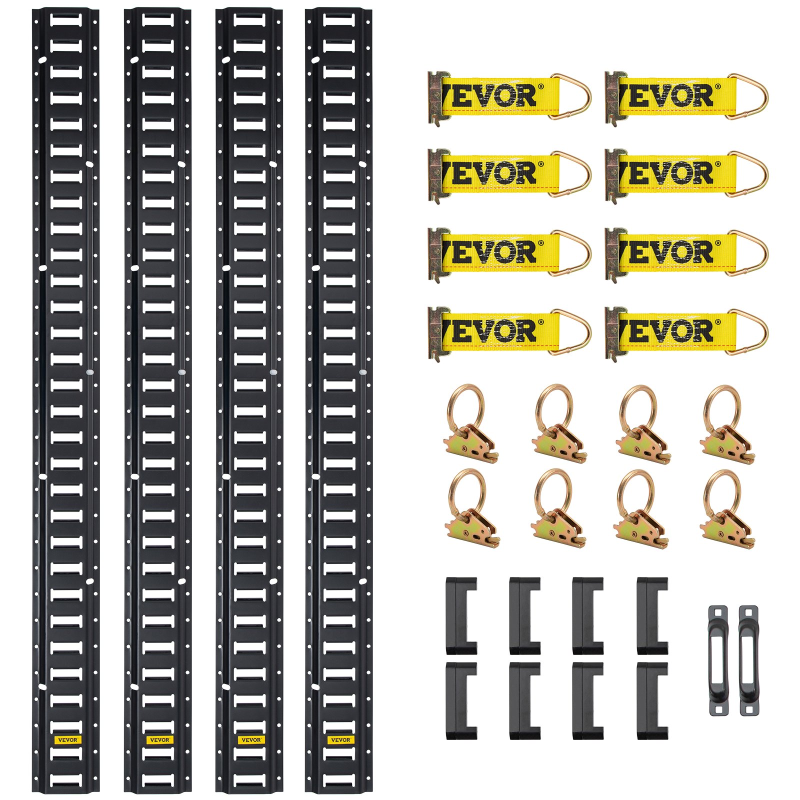 Kit de riel de amarre para vía electrónica VEVOR con rieles negros, correas amarillas, anillos de metal y soportes de montaje.