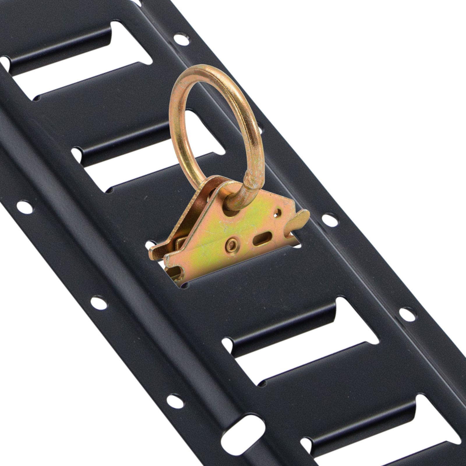 Kit de riel de amarre para vía electrónica VEVOR con construcción de acero resistente y detalle de anillo de anclaje dorado.
