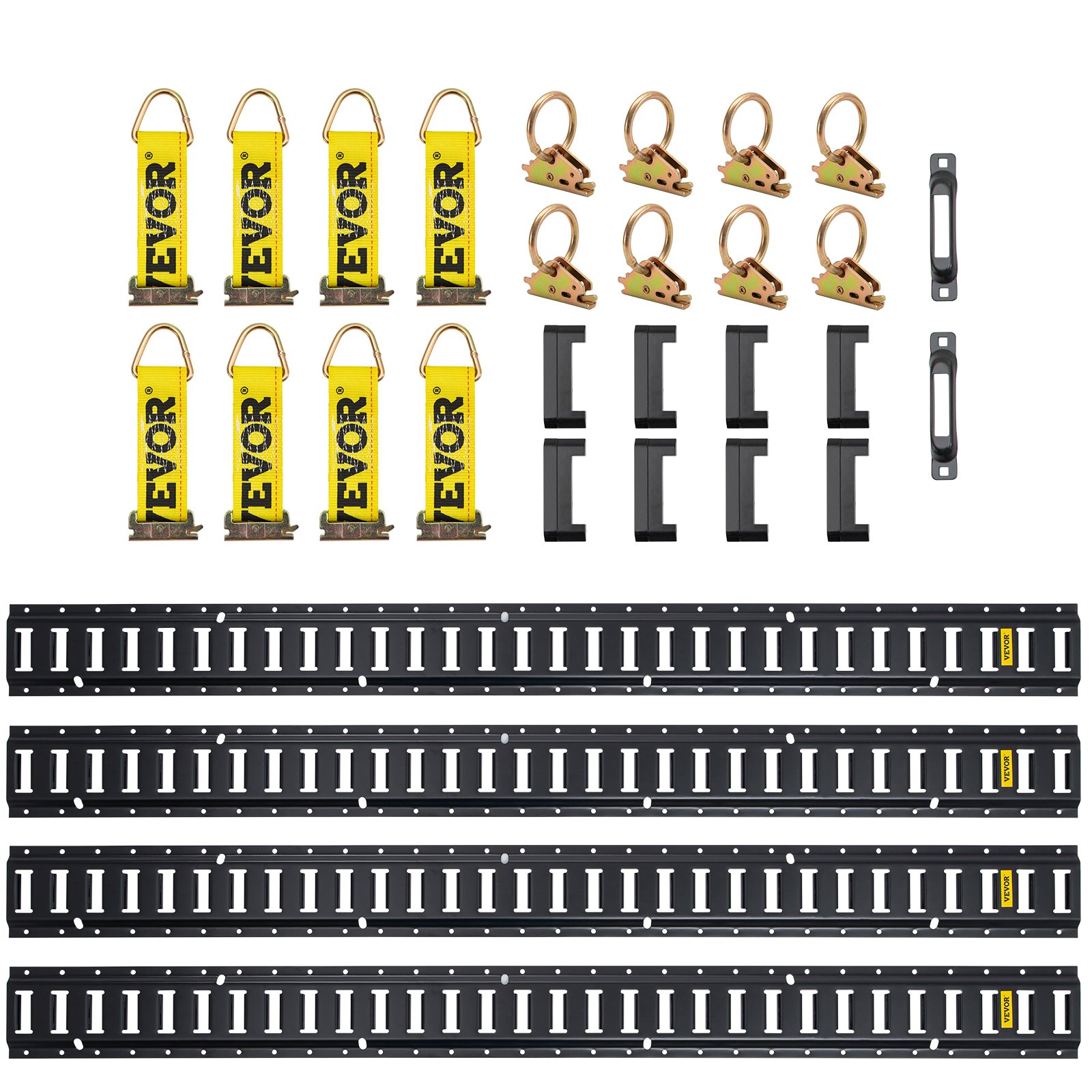 Kit de rieles de amarre para vías eléctricas VEVOR que incluye rieles, soportes, correas amarillas y accesorios de anillo.