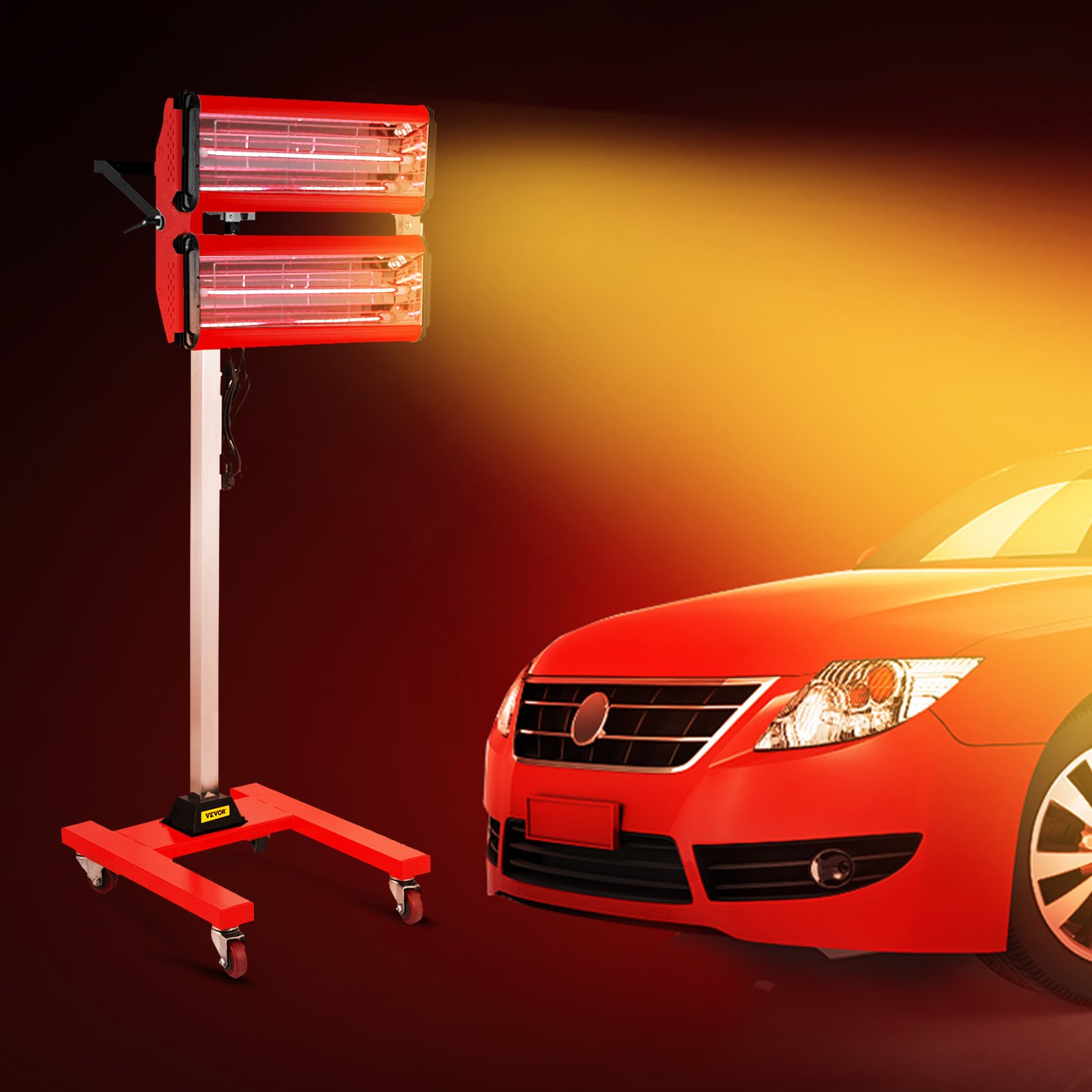 Lámpara de curado de pintura por infrarrojos VEVOR que ilumina un coche de color rojo, sobre soporte con ruedas.