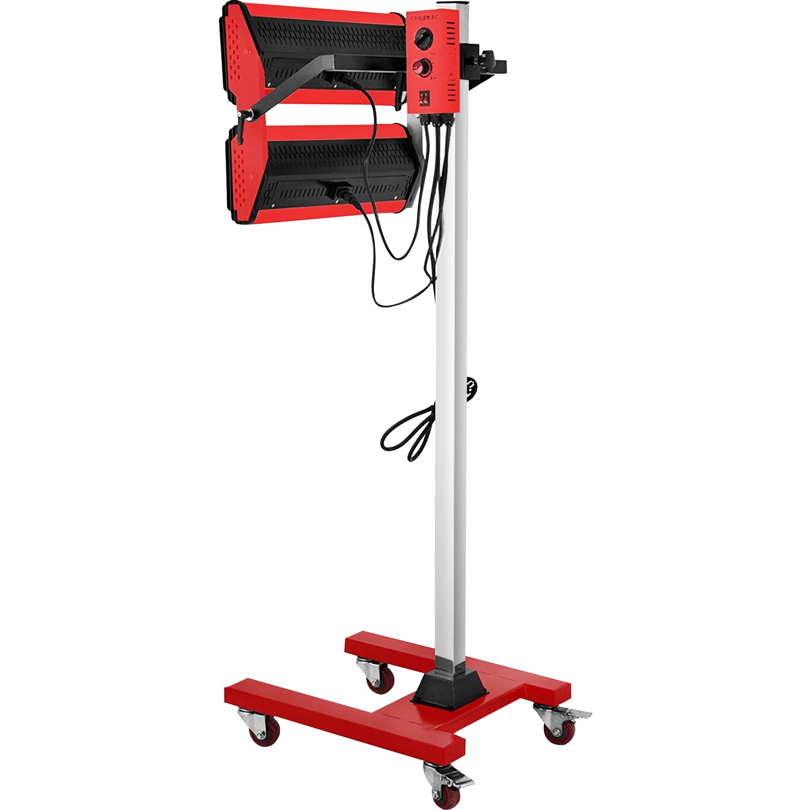 Lámpara de curado de pintura por infrarrojos VEVOR sobre soporte móvil rojo con ruedas.