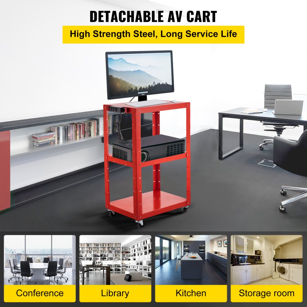 Carro audiovisual de acero VEVOR, carro multimedia de altura ajustable de 66 a 104 cm con cable de alimentación, carro de presentación de 63 x 46 cm con 3 estantes, carro para proyector con ruedas de 68 kg y 2 frenos, apto para cargas pesadas.