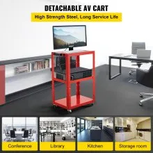 Carro AV de acero VEVOR, carro de medios de altura ajustable de 26 a 41 pulgadas con cable de alimentación eléctrica, carro de presentación de 25 x 18 pulgadas con 3 estantes, carro de proyector rodante de 150 libras con 2 frenos adecuado para carga