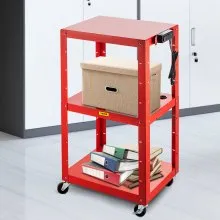 Carro AV de acero VEVOR, carro de medios de altura ajustable de 26 a 41 pulgadas con cable de alimentación eléctrica, carro de presentación de 25 x 18 pulgadas con 3 estantes, carro de proyector rodante de 150 libras con 2 frenos adecuado para carga