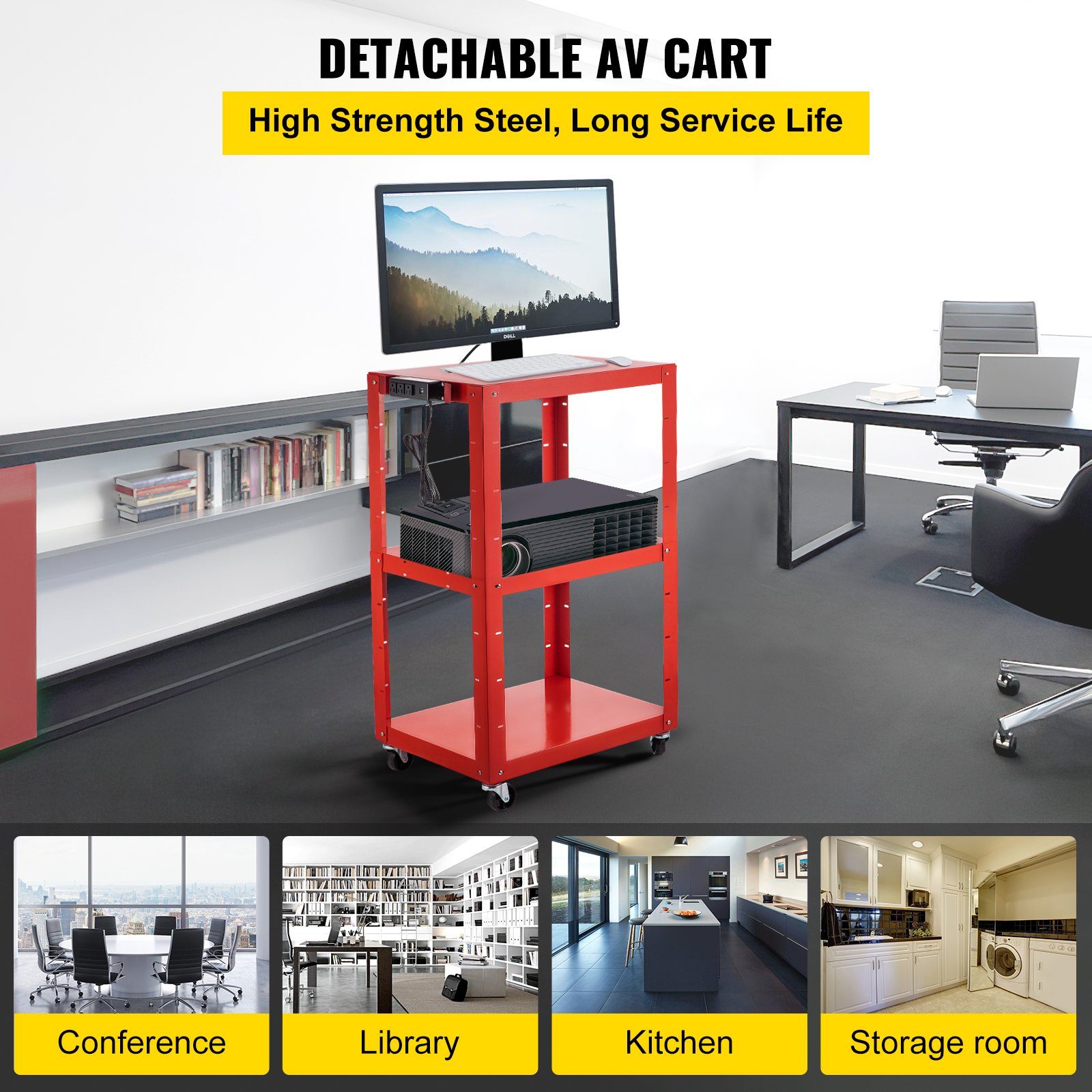 Carro audiovisual de acero VEVOR, carro multimedia de altura ajustable de 66 a 104 cm con cable de alimentación, carro de presentación de 63 x 46 cm con 3 estantes, carro para proyector con ruedas de 68 kg y 2 frenos, apto para cargas pesadas.