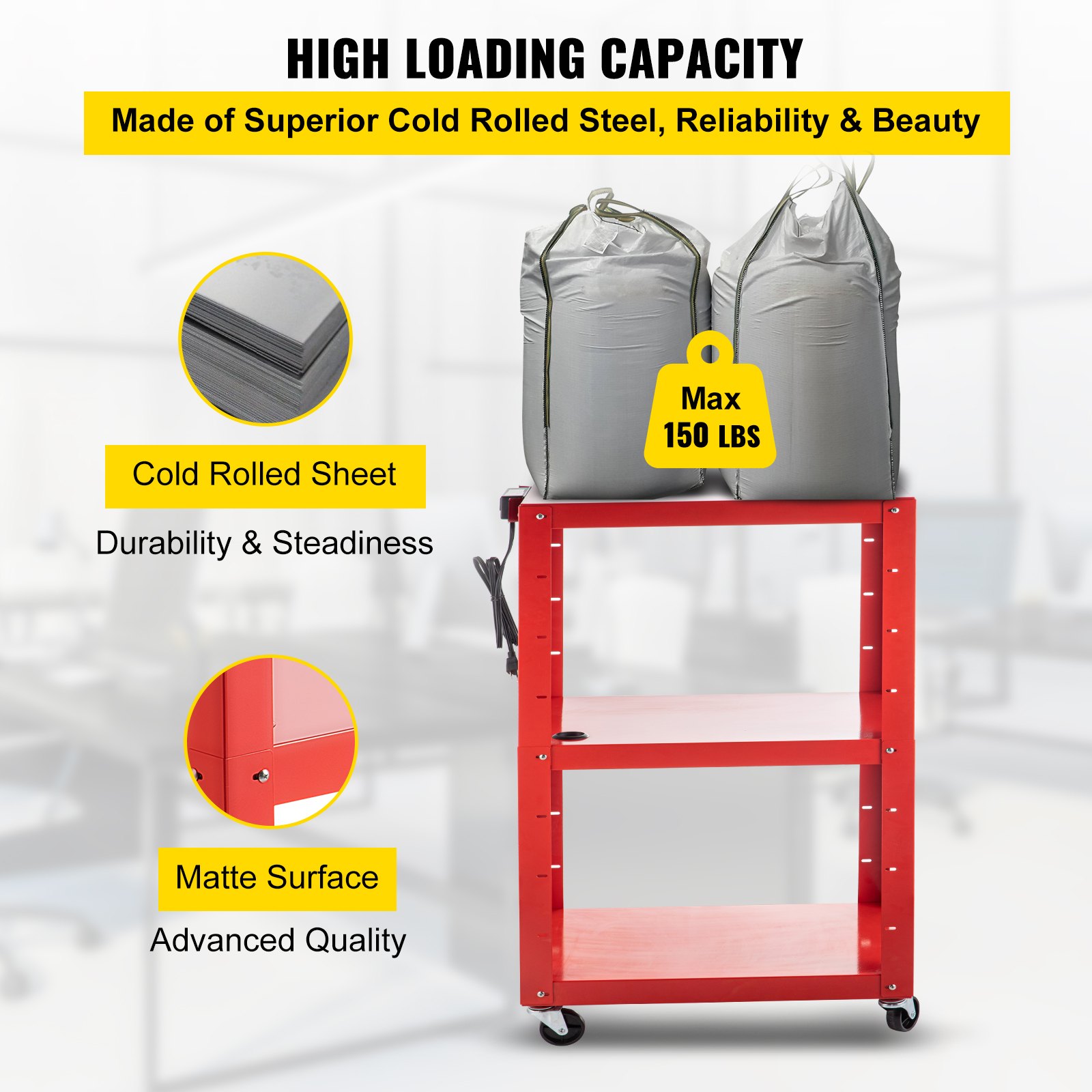 Carro audiovisual de acero VEVOR, carro multimedia de altura ajustable de 66 a 104 cm con cable de alimentación, carro de presentación de 63 x 46 cm con 3 estantes, carro para proyector con ruedas de 68 kg y 2 frenos, apto para cargas pesadas.