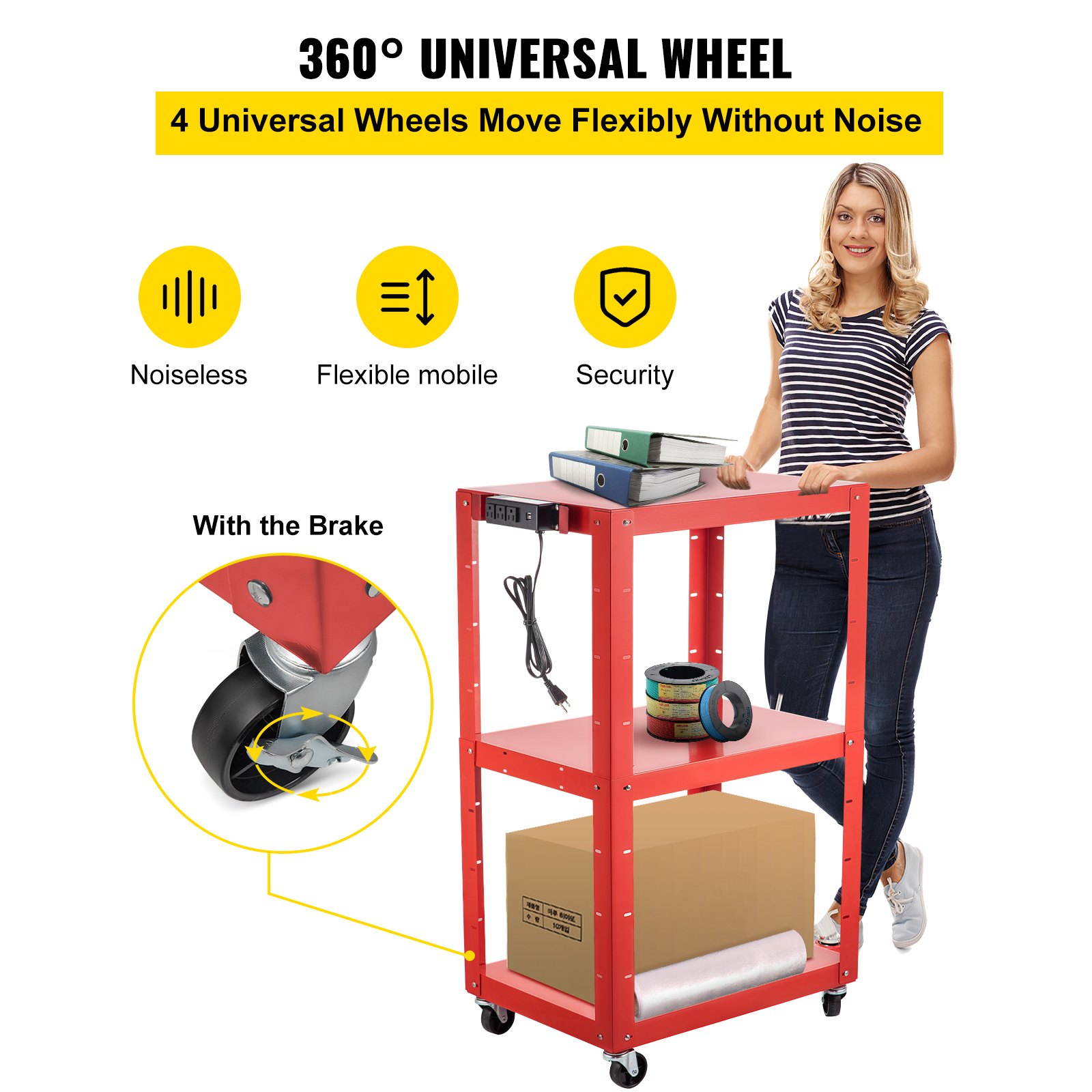 Carro audiovisual de acero VEVOR, carro multimedia de altura ajustable de 66 a 104 cm con cable de alimentación, carro de presentación de 63 x 46 cm con 3 estantes, carro para proyector con ruedas de 68 kg y 2 frenos, apto para cargas pesadas.