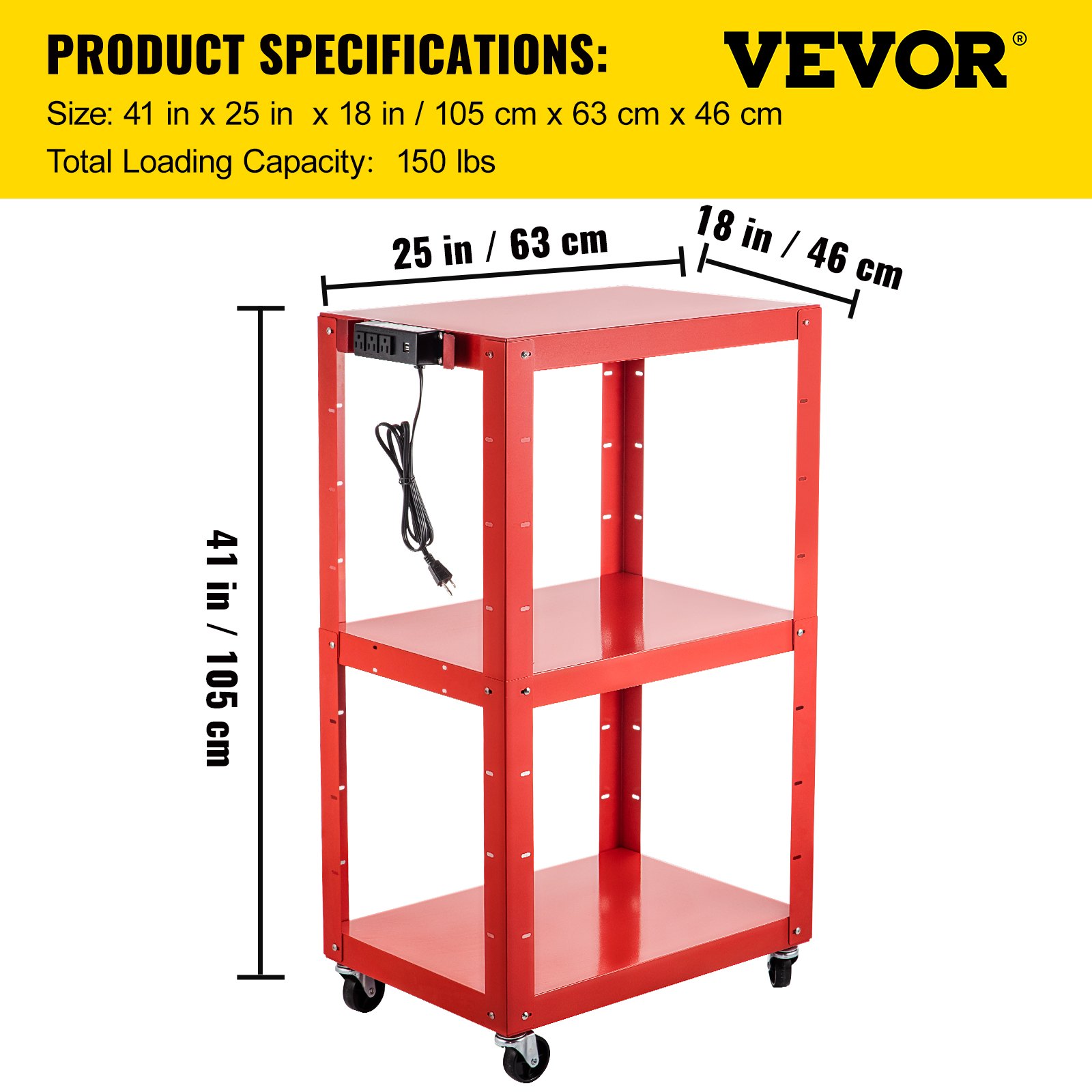 Carro audiovisual de acero VEVOR, carro multimedia de altura ajustable de 66 a 104 cm con cable de alimentación, carro de presentación de 63 x 46 cm con 3 estantes, carro para proyector con ruedas de 68 kg y 2 frenos, apto para cargas pesadas.