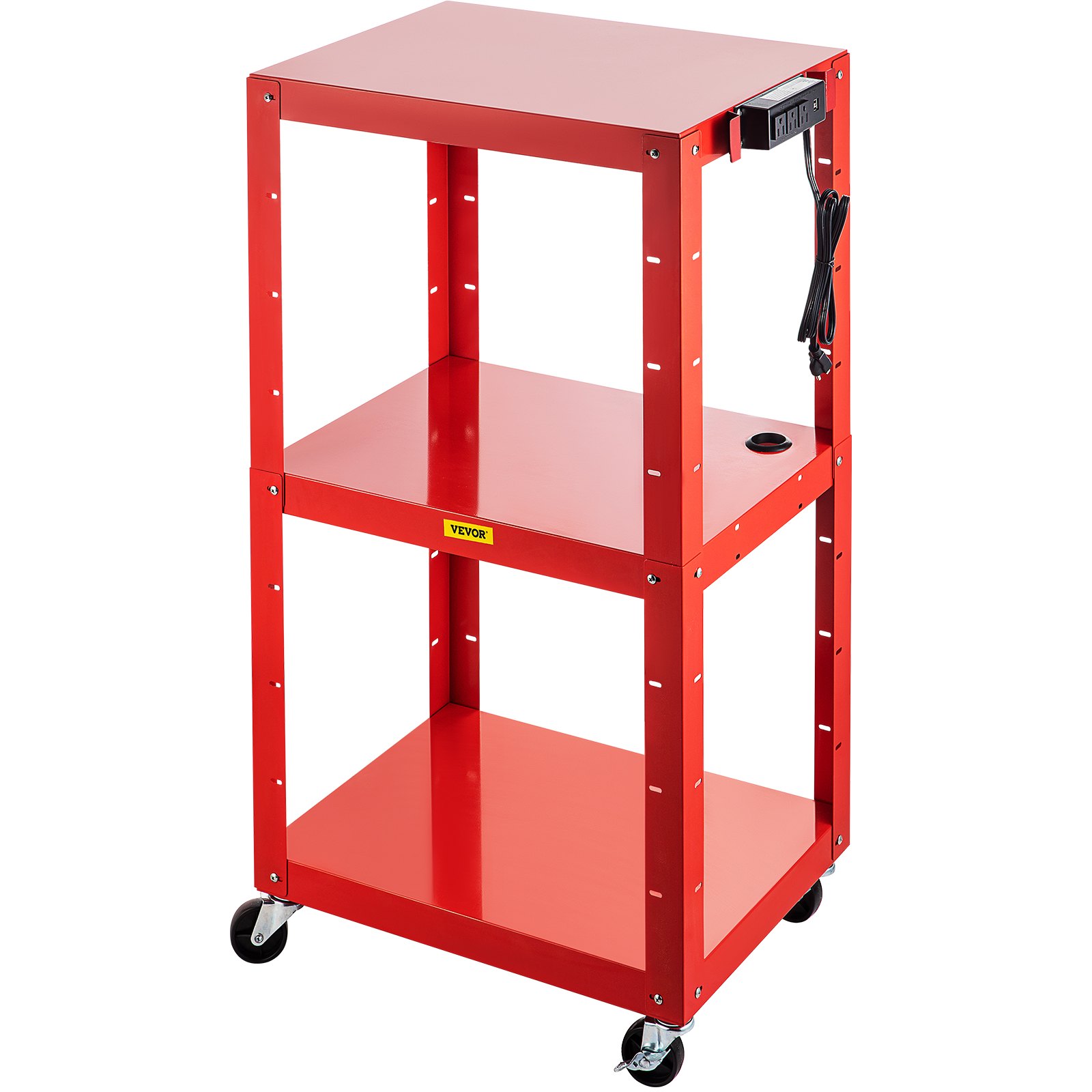 Carro audiovisual de acero VEVOR, carro multimedia de altura ajustable de 66 a 104 cm con cable de alimentación, carro de presentación de 63 x 46 cm con 3 estantes, carro para proyector con ruedas de 68 kg y 2 frenos, apto para cargas pesadas.