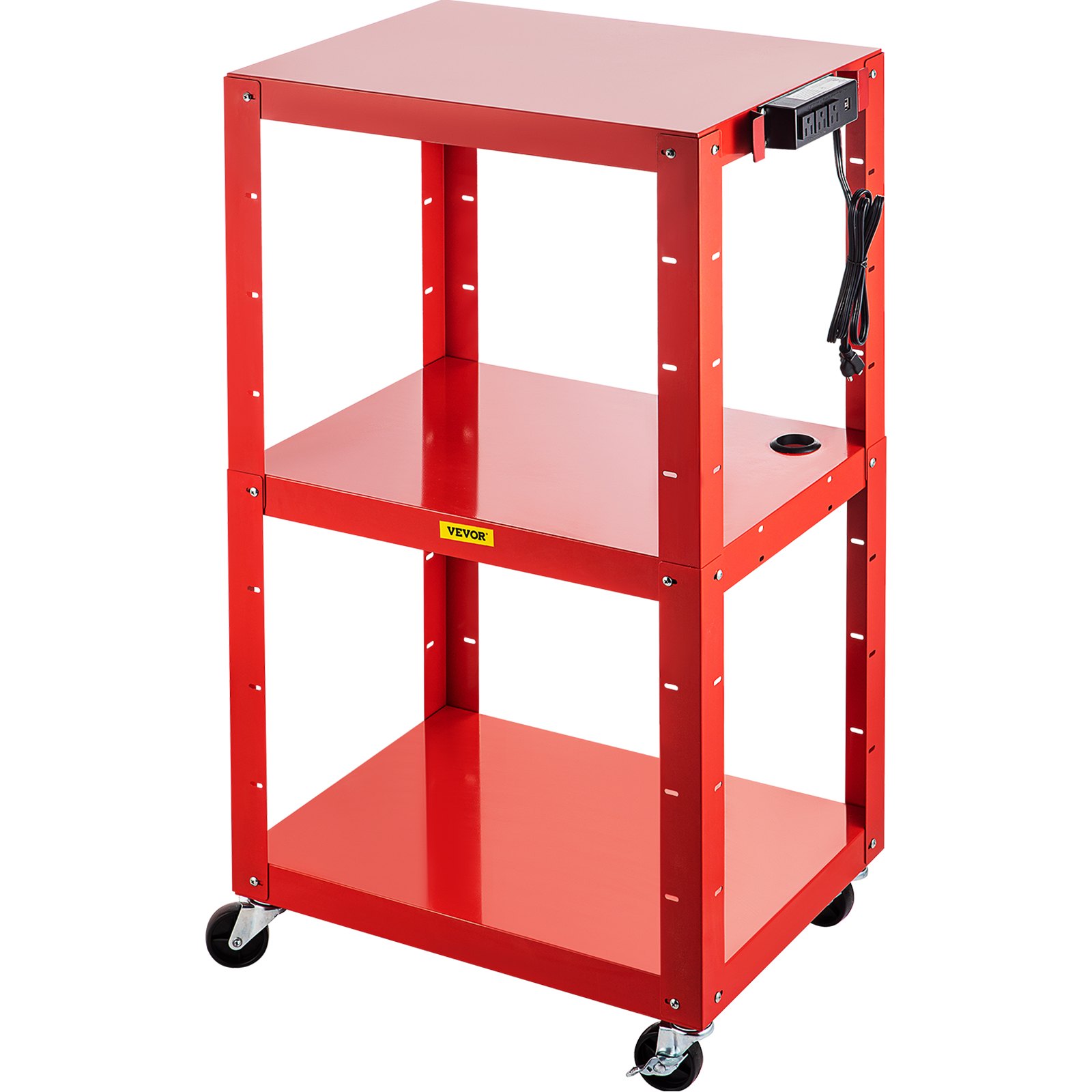 Carro audiovisual de acero VEVOR, carro multimedia de altura ajustable de 66 a 104 cm con cable de alimentación, carro de presentación de 63 x 46 cm con 3 estantes, carro para proyector con ruedas de 68 kg y 2 frenos, apto para cargas pesadas.