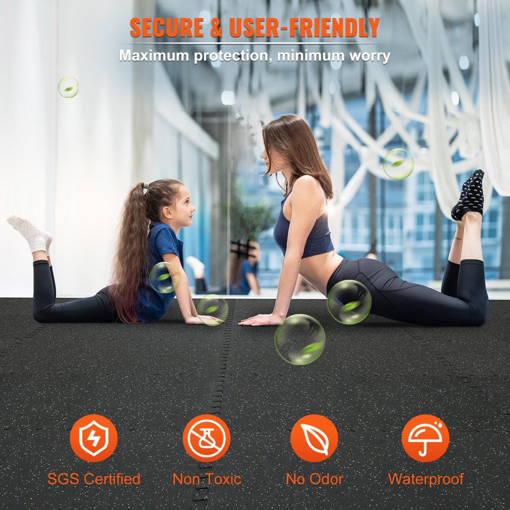 Dos mujeres estirándose sobre colchonetas de gimnasio VEVOR en un entorno seguro y fácil de usar.