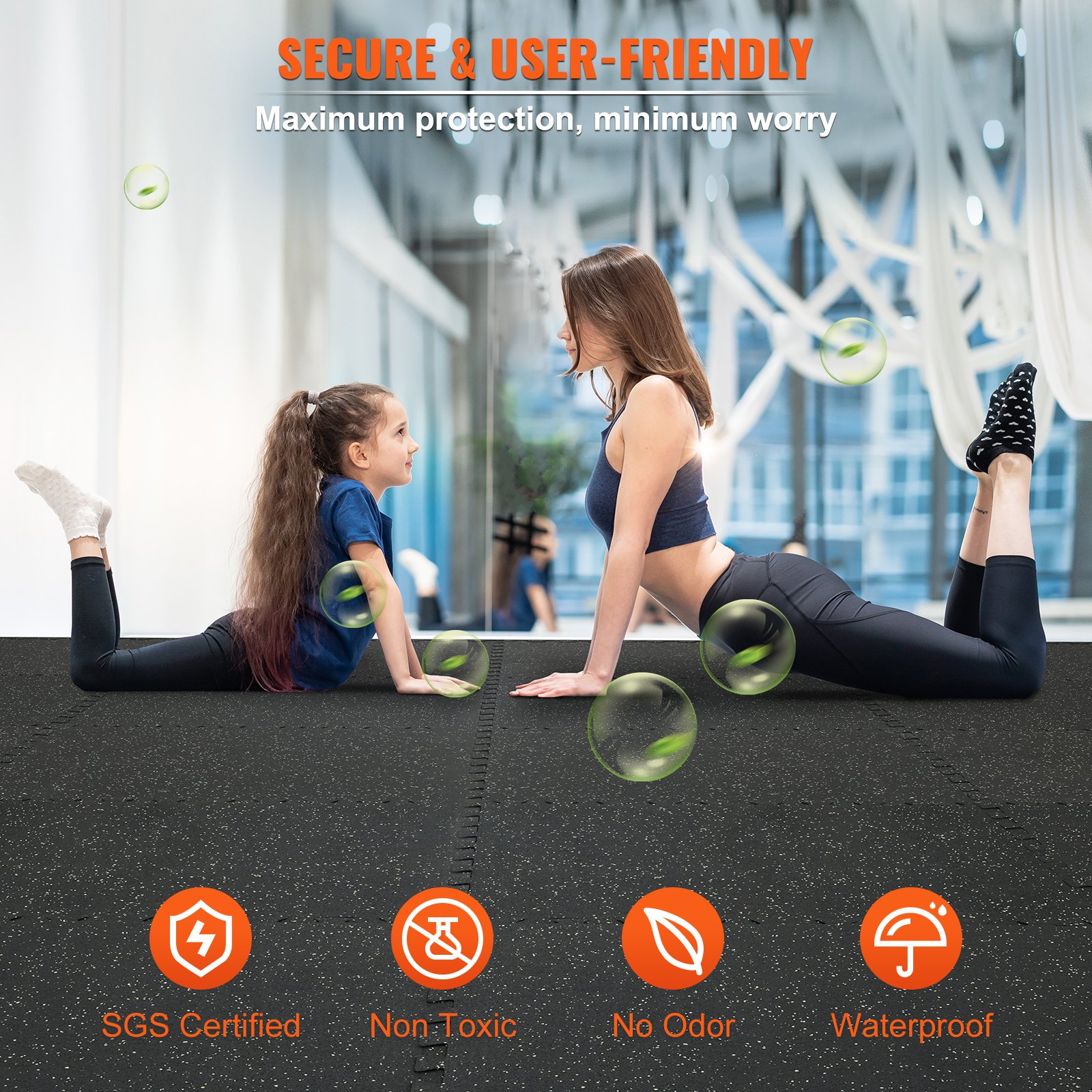 Dos mujeres estirándose sobre colchonetas de gimnasio VEVOR en un entorno seguro y fácil de usar.