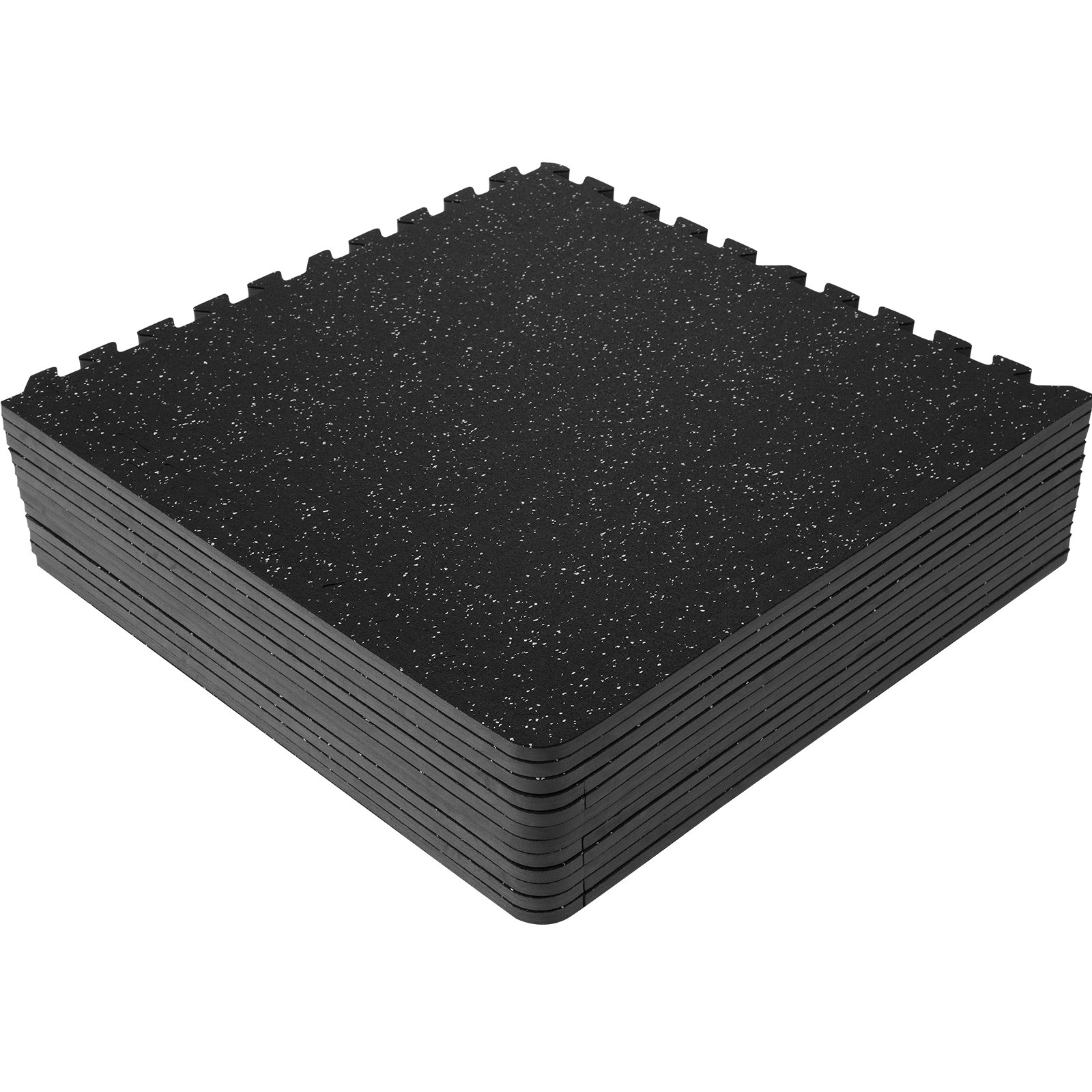 Alfombrillas de gimnasio VEVOR en color negro con bordes entrelazados, apiladas ordenadamente en una pila.