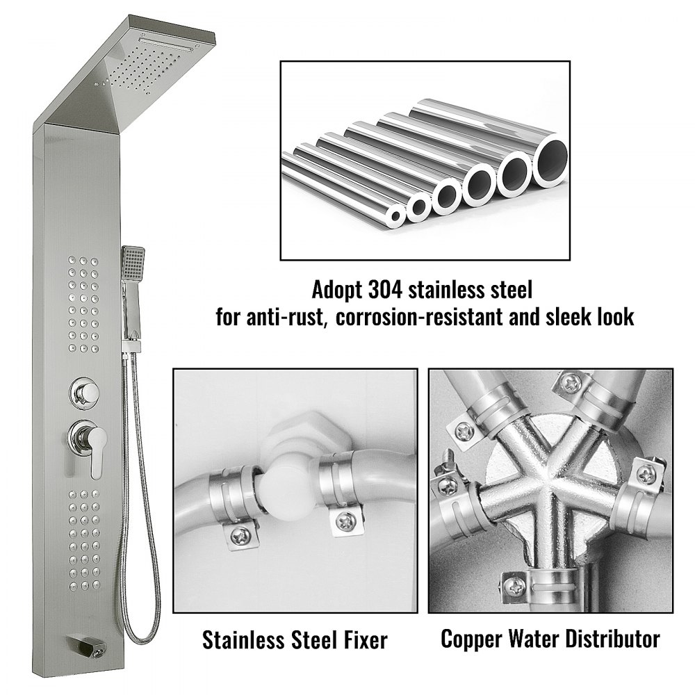 Sistema de panel de ducha VEVOR en acero inoxidable con rociador de mano y distribuidor de agua.