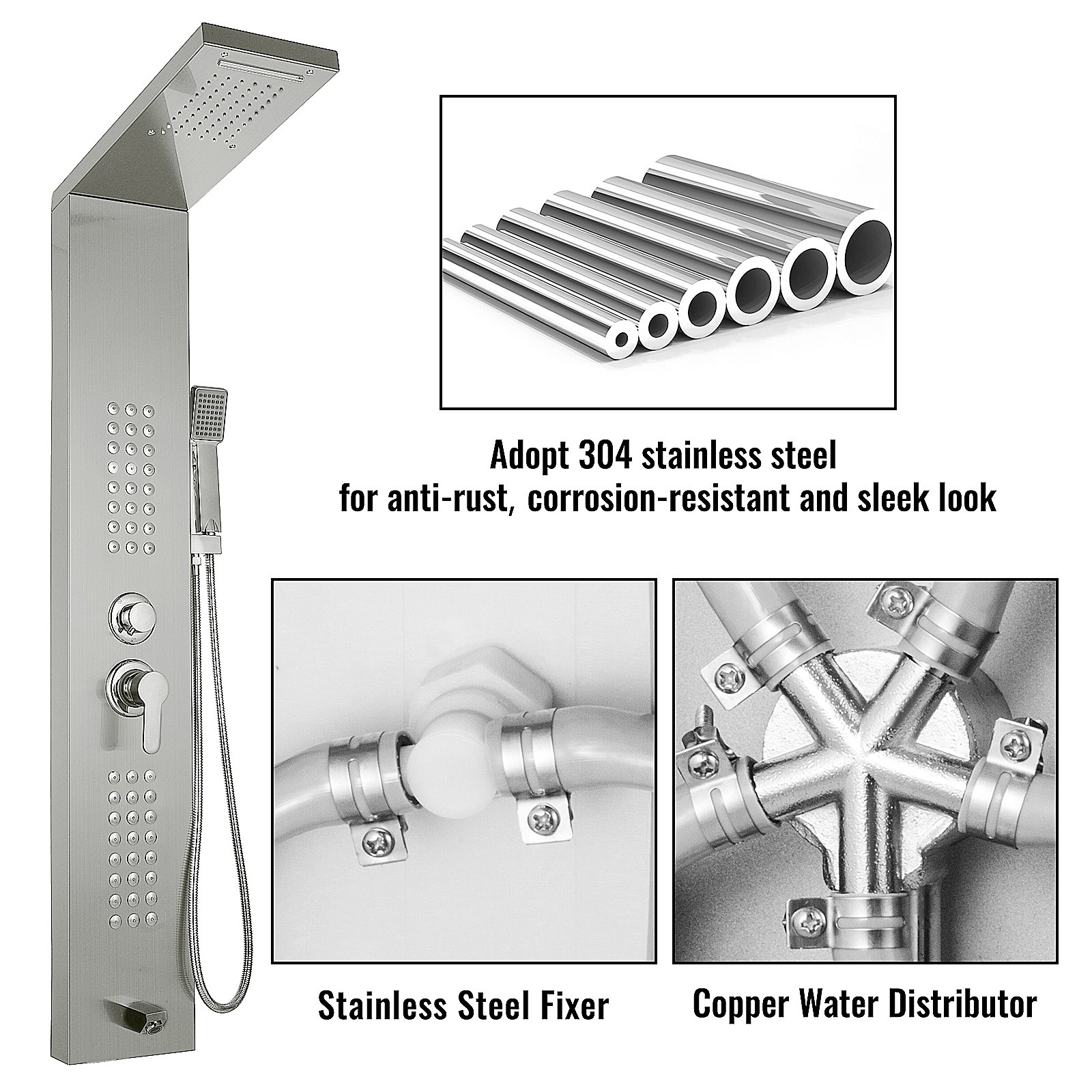 Sistema de panel de ducha VEVOR en acero inoxidable con rociador de mano y distribuidor de agua.
