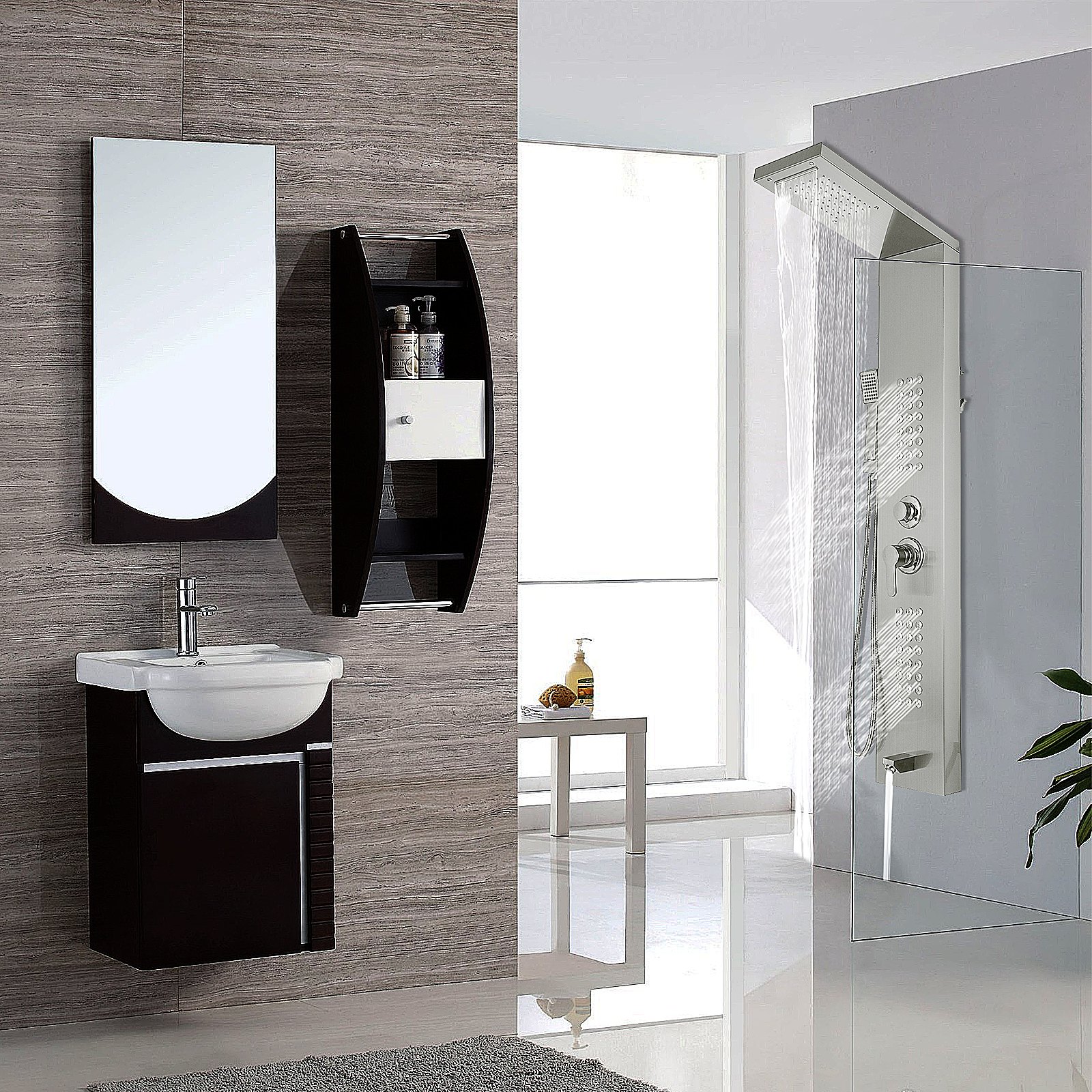 Baño moderno con sistema de panel de ducha VEVOR, lavabo elegante, espejo y mueble montado en la pared.