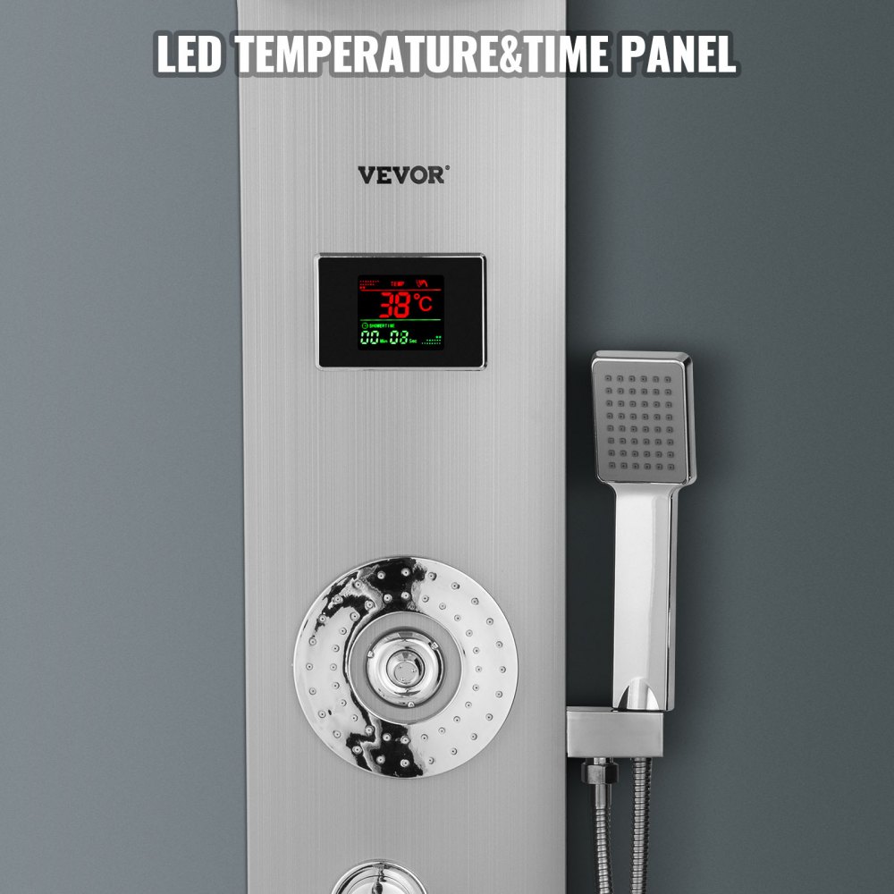 Panel de ducha LED VEVOR con pantalla de temperatura y cabezal de ducha de mano.