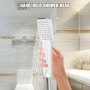 mano sosteniendo un panel de ducha LED VEVOR, cabezal de ducha de mano con agua fluyendo.
