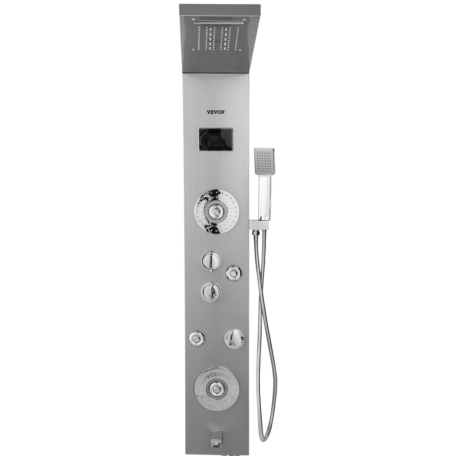 Panel de ducha LED VEVOR de acero inoxidable con múltiples controles y cabezal de ducha de mano.