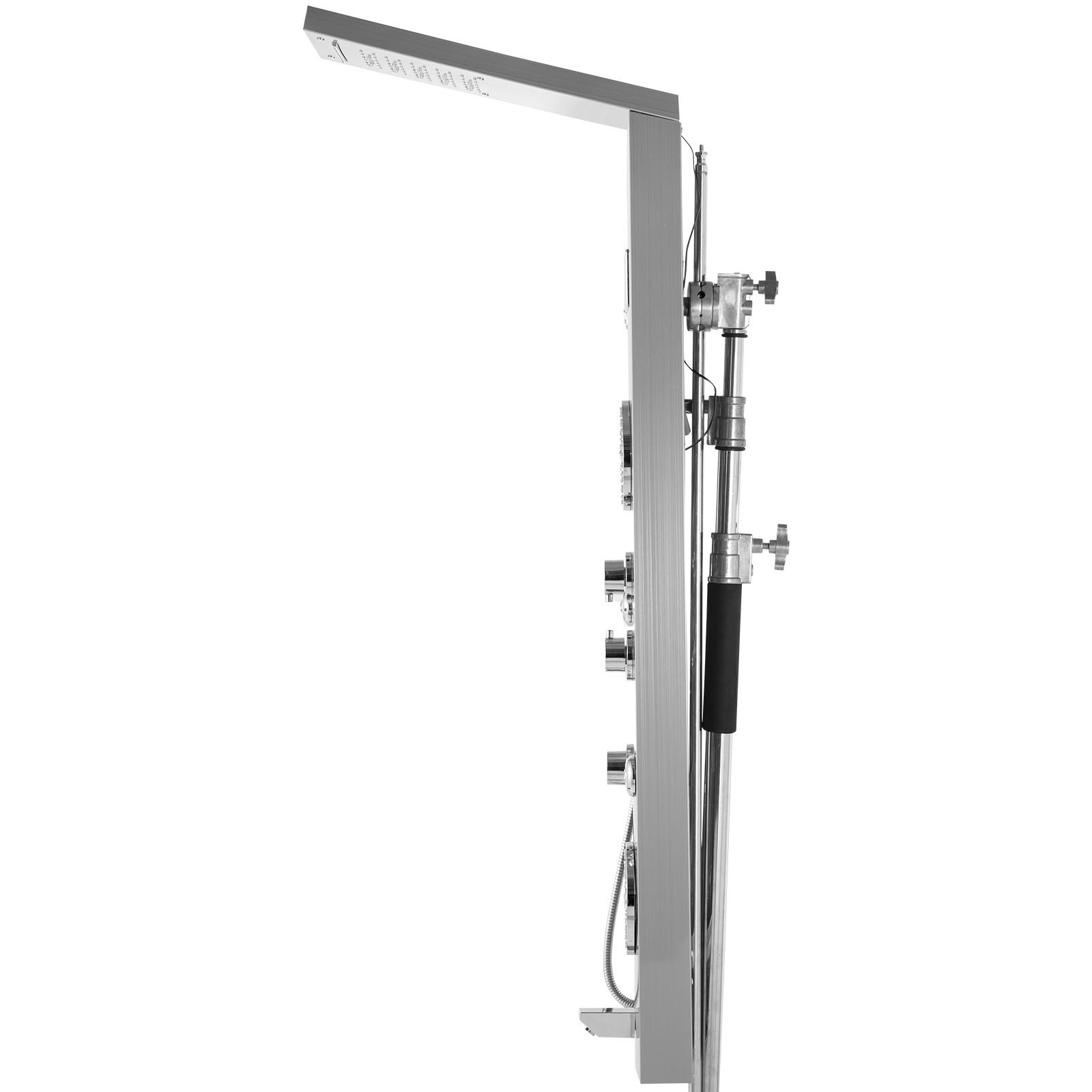 Panel de ducha LED VEVOR con múltiples perillas de control y accesorio de ducha de mano.