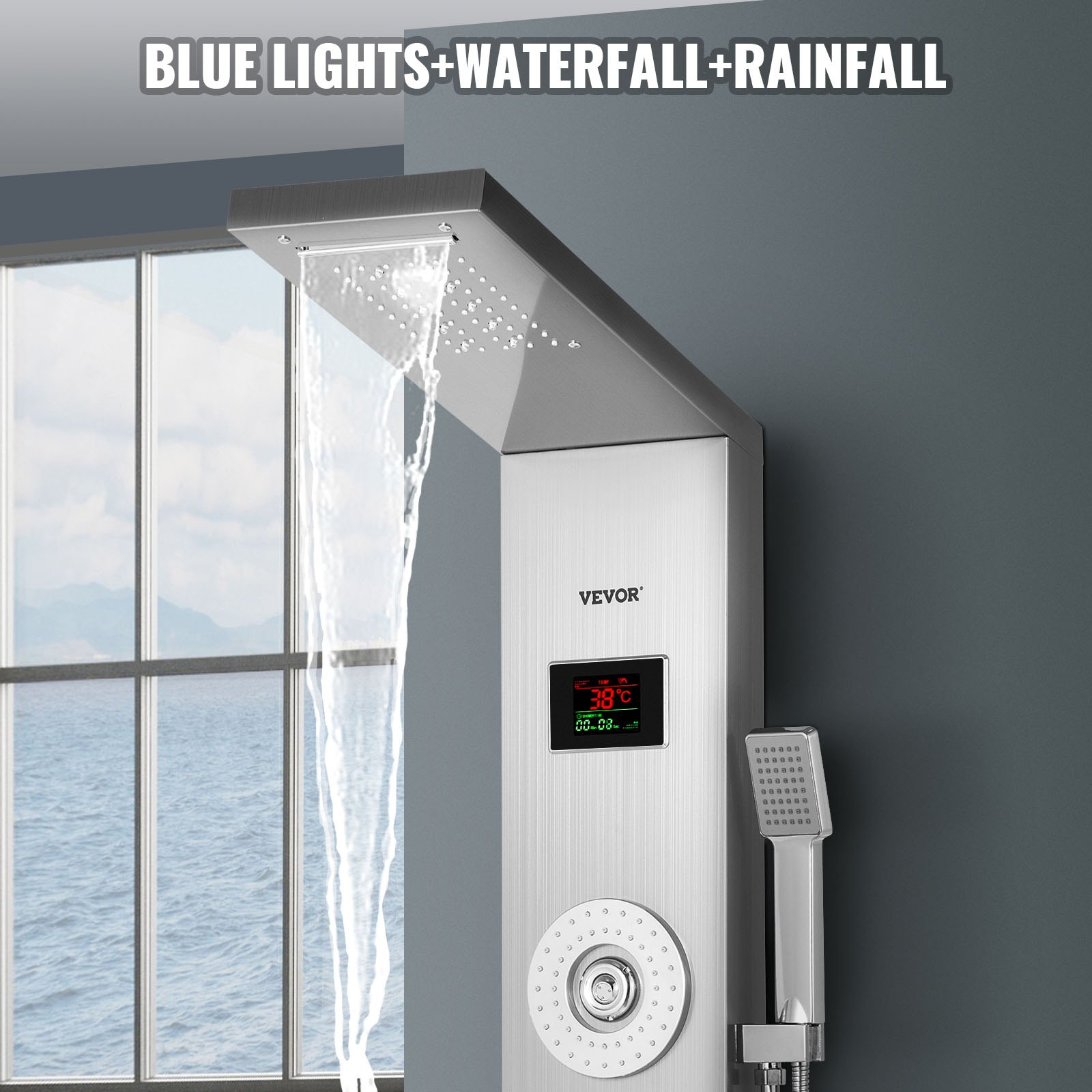 Panel de ducha LED VEVOR con funciones de cascada y lluvia, mostrado con luces azules.