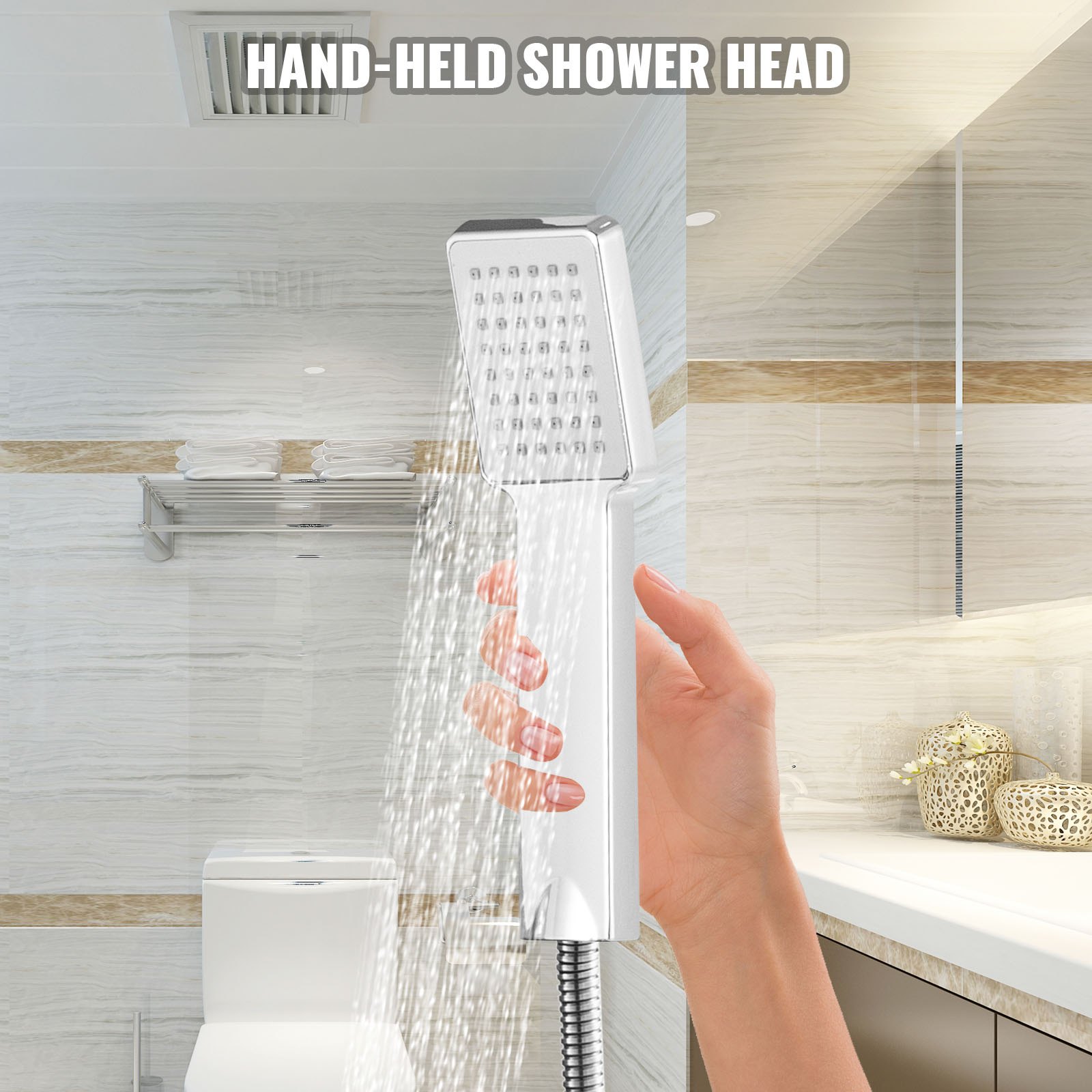 mano sosteniendo un panel de ducha LED VEVOR, cabezal de ducha de mano con agua fluyendo.