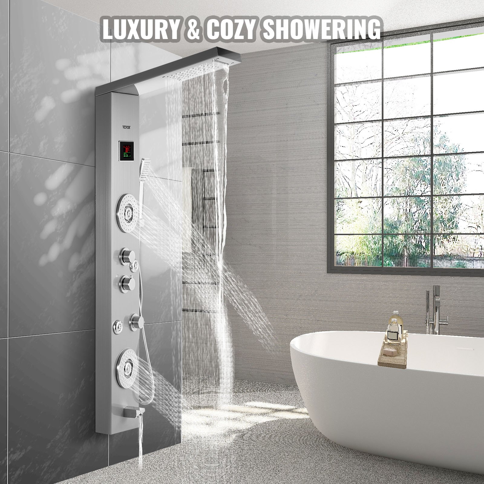Baño moderno con panel de ducha LED VEVOR, bañera independiente y ventana grande.