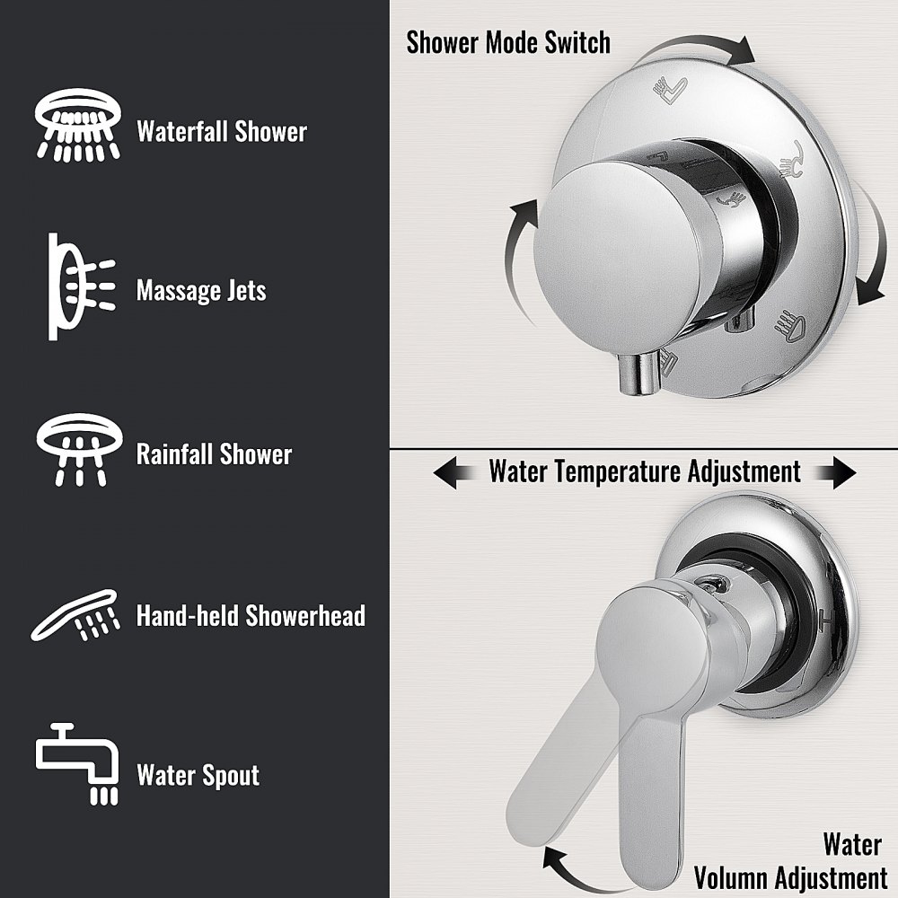 Controles del sistema de torre de paneles VEVOR: interruptor de modo de ducha, ajuste de temperatura y volumen.