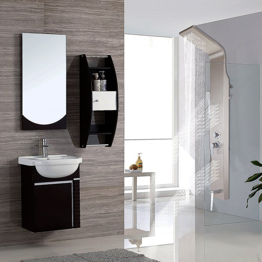 Baño moderno con sistema de torre de paneles VEVOR, tocador y mueble montado en la pared.