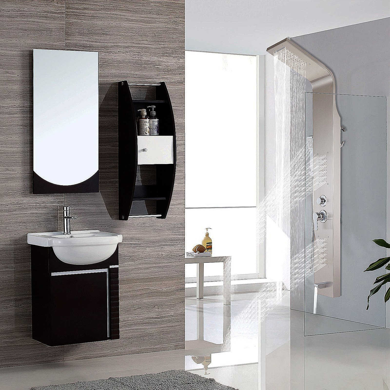 Baño moderno con sistema de torre de paneles VEVOR, tocador y mueble montado en la pared.
