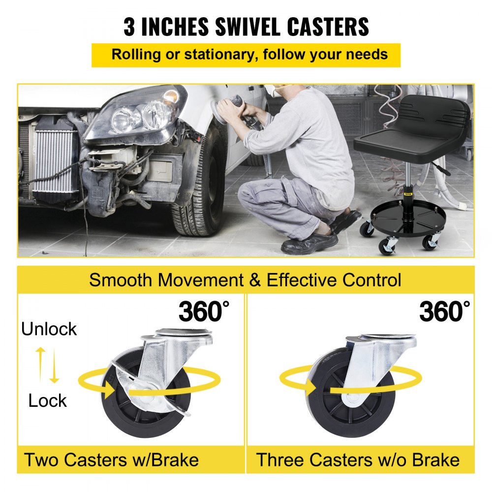 Mecánico que utiliza un taburete de garaje con ruedas VEVOR con ruedas giratorias de 3 pulgadas para reparación de automóviles.
