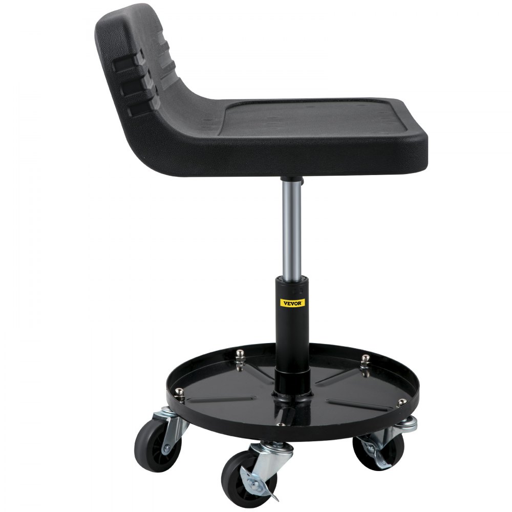 Taburete de garaje con ruedas VEVOR con asiento acolchado negro y ruedas giratorias.