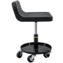 Taburete de garaje con ruedas VEVOR con asiento acolchado negro y ruedas giratorias.