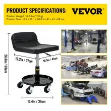 VEVOR Taburete de garaje con ruedas, capacidad de 300 libras, altura ajustable de 15.7 a 20.5 pulgadas, asiento mecánico con ruedas giratorias de 360 grados y bandeja de herramientas, para taller, taller de reparación de automóviles, negro