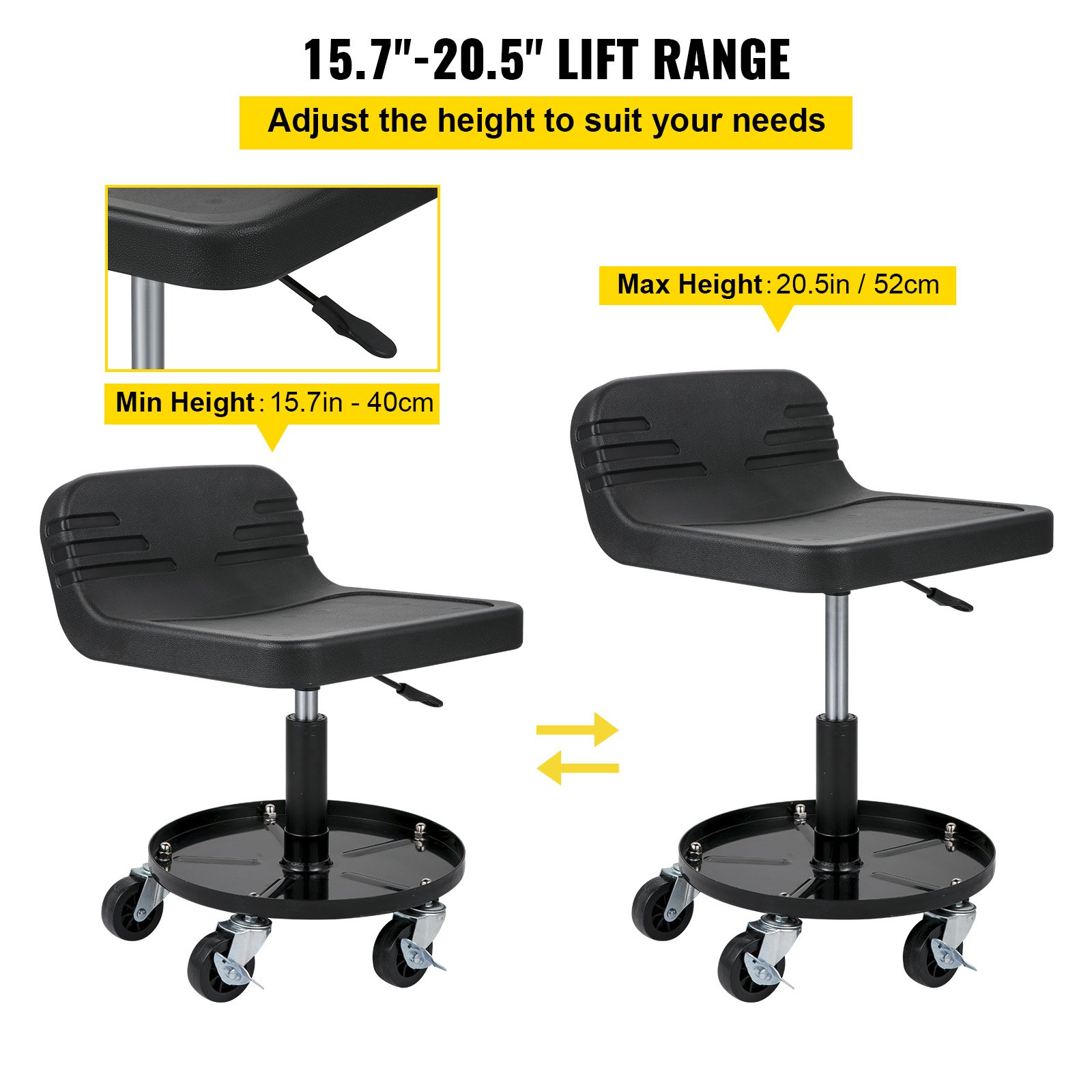 Taburete de garaje con ruedas VEVOR con altura ajustable, asiento giratorio y ruedas giratorias duraderas.