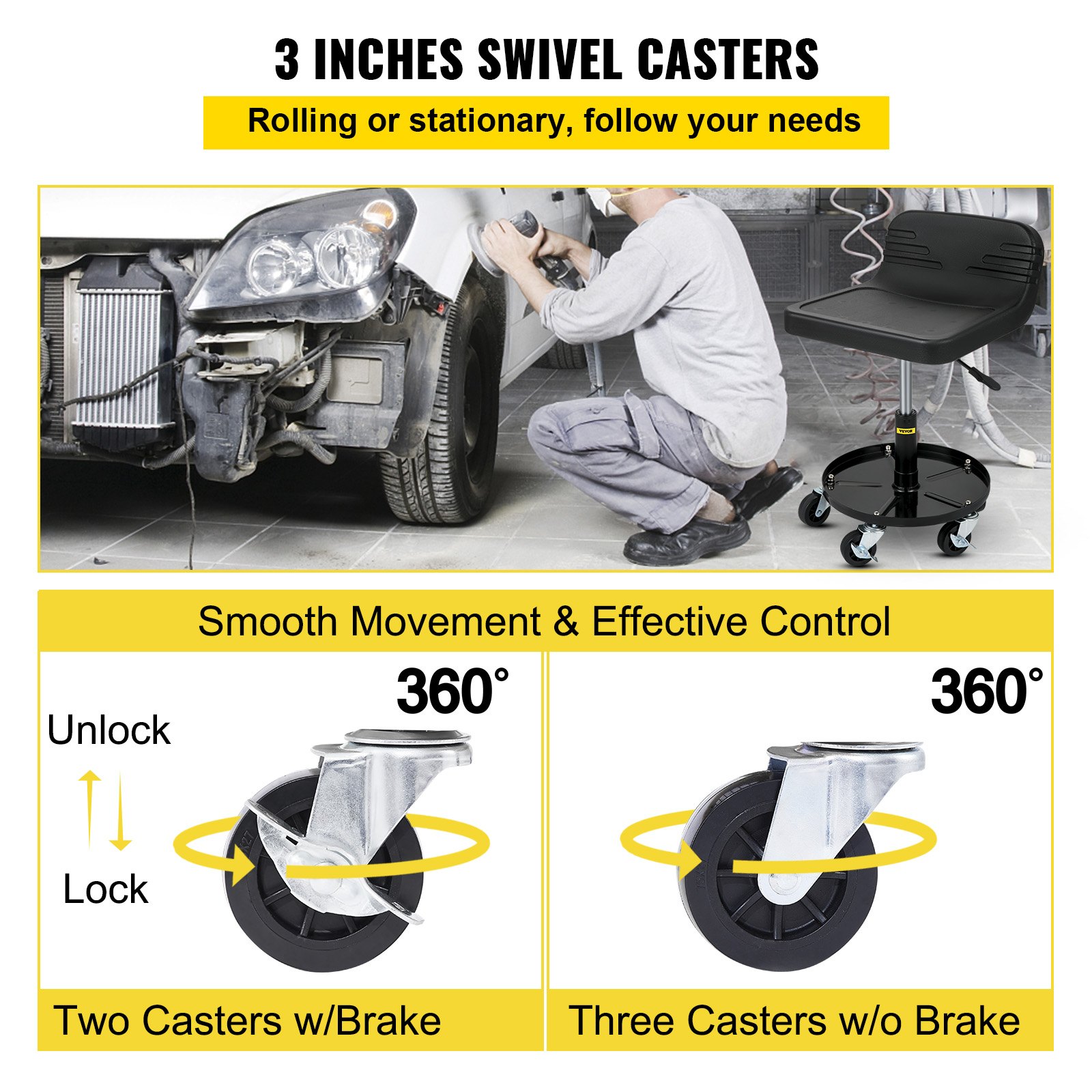 Mecánico que utiliza un taburete de garaje con ruedas VEVOR con ruedas giratorias de 3 pulgadas para reparación de automóviles.