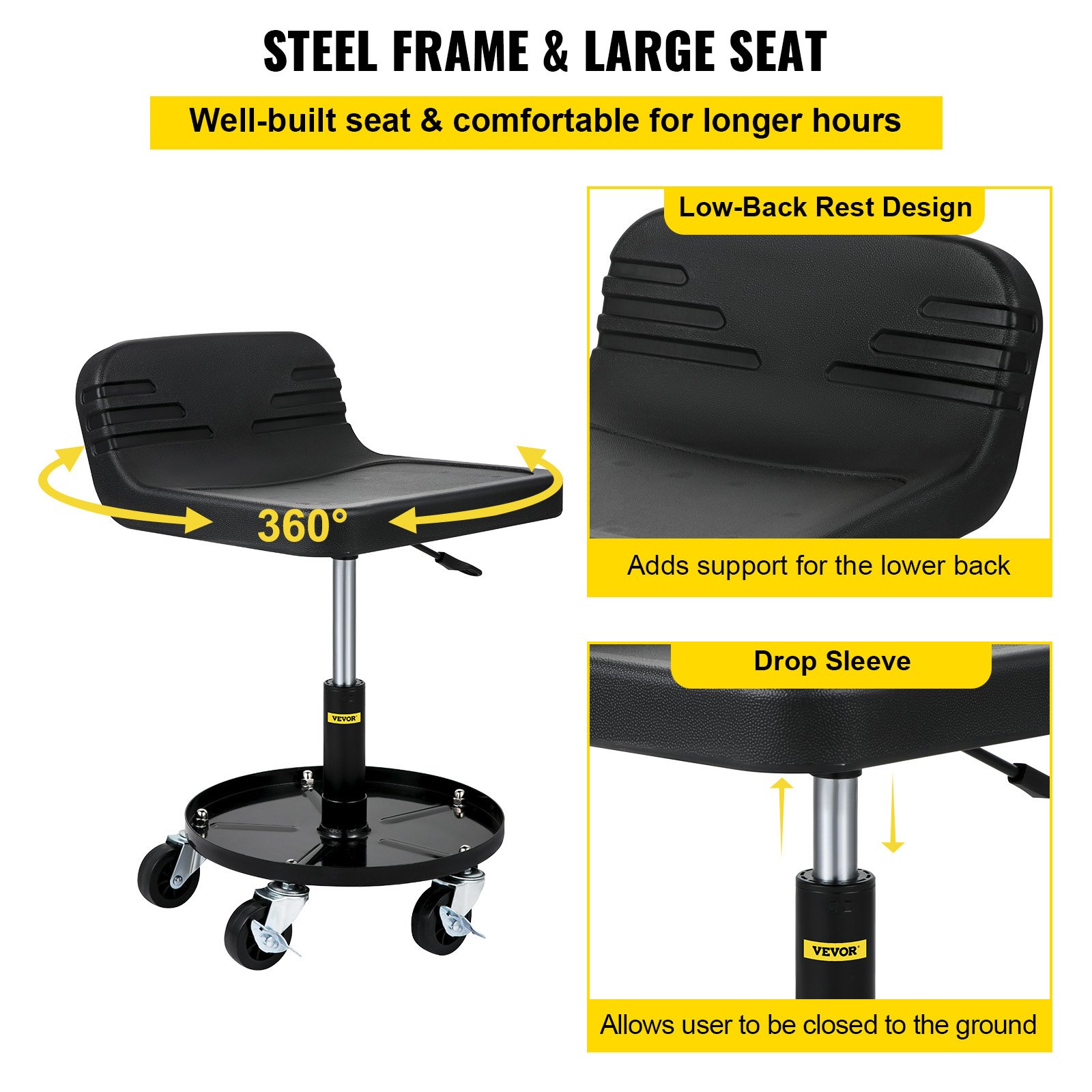 Taburete de garaje con ruedas VEVOR, estructura de acero, asiento grande, giro de 360°, respaldo bajo, funda abatible.