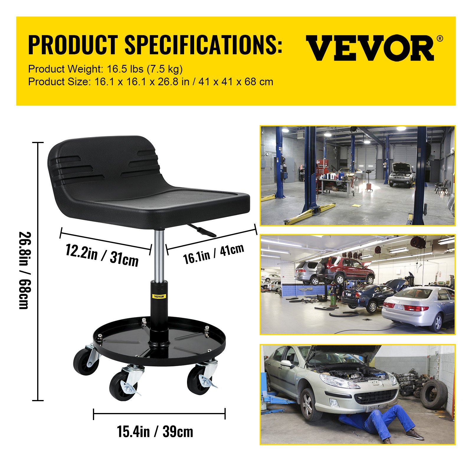 Taburete de garaje con ruedas VEVOR con dimensiones y peso en un taller de reparación de automóviles.