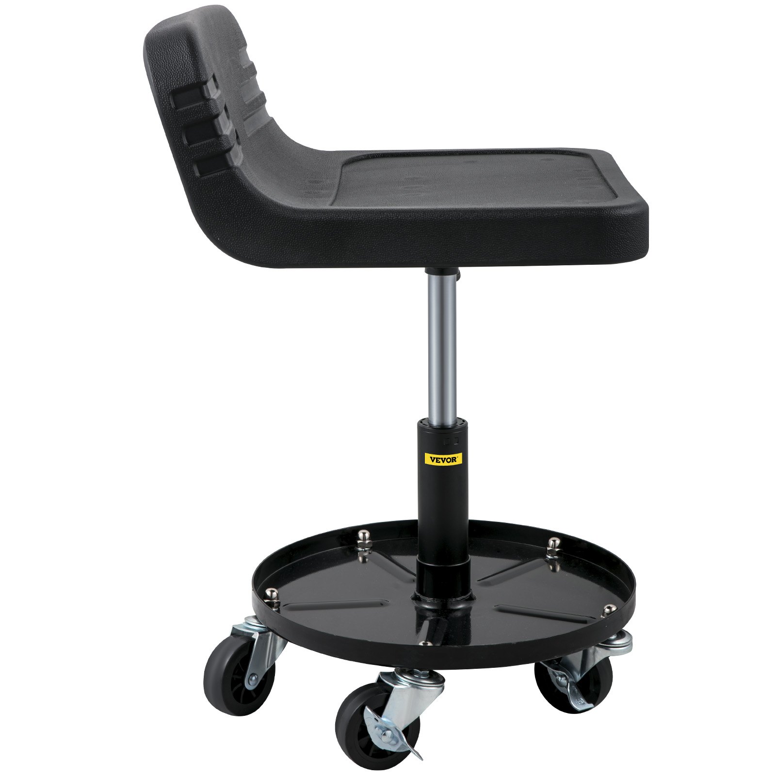 Taburete de garaje con ruedas VEVOR con asiento acolchado negro y ruedas giratorias.