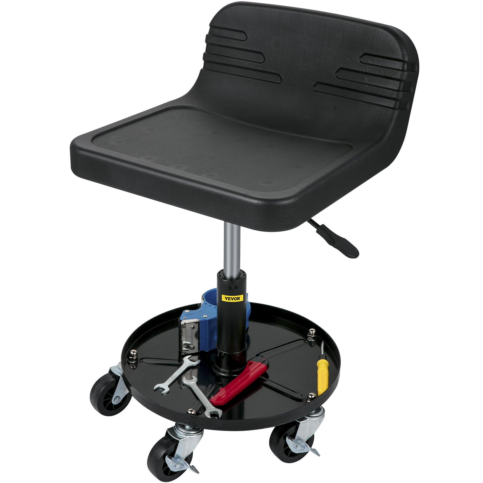 Taburete de garaje con ruedas VEVOR con bandeja para herramientas, altura ajustable y ruedas giratorias.