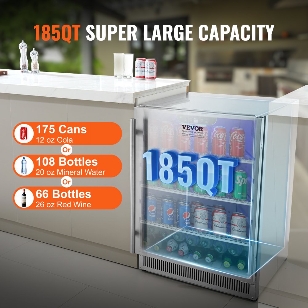 Refrigerador de bebidas VEVOR de 24 pulgadas para interiores y exteriores, 185 cuartos de galón, para colocar bajo encimera o de pie, con capacidad para 175 latas, de acero inoxidable, para uso residencial, doméstico, comercial o de bar.