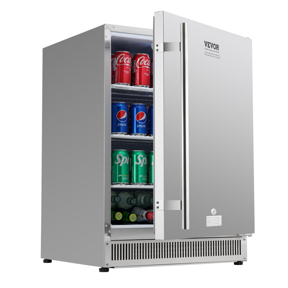 Refrigerador de bebidas VEVOR de 24 pulgadas para interiores y exteriores, 185 cuartos de galón, para colocar bajo encimera o de pie, con capacidad para 175 latas, de acero inoxidable, para uso residencial, doméstico, comercial o de bar.