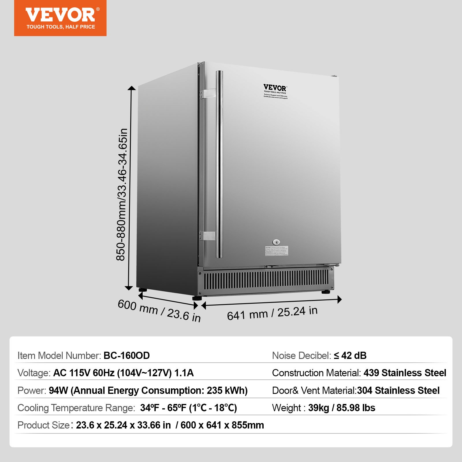 VEVOR Refrigerador de bebidas para interiores y exteriores de 24 pulgadas, refrigerador de bebidas independiente o debajo del mostrador de 185 QT, refrigerador de cerveza incorporado de 175 latas con cuerpo de acero inoxidable para uso comercial en el hogar residencial