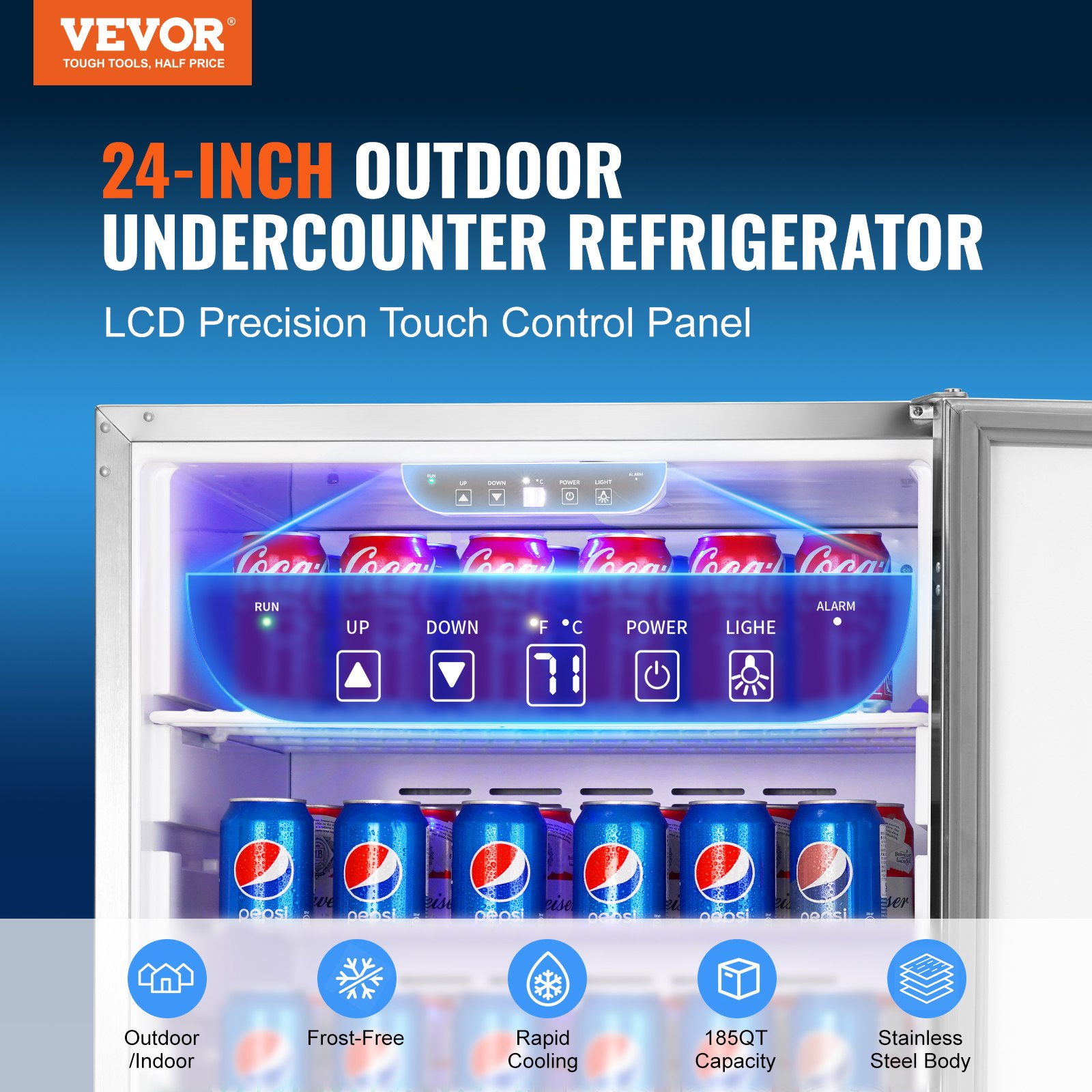 Refrigerador de bebidas VEVOR de 24 pulgadas para interiores y exteriores, 185 cuartos de galón, para colocar bajo encimera o de pie, con capacidad para 175 latas, de acero inoxidable, para uso residencial, doméstico, comercial o de bar.