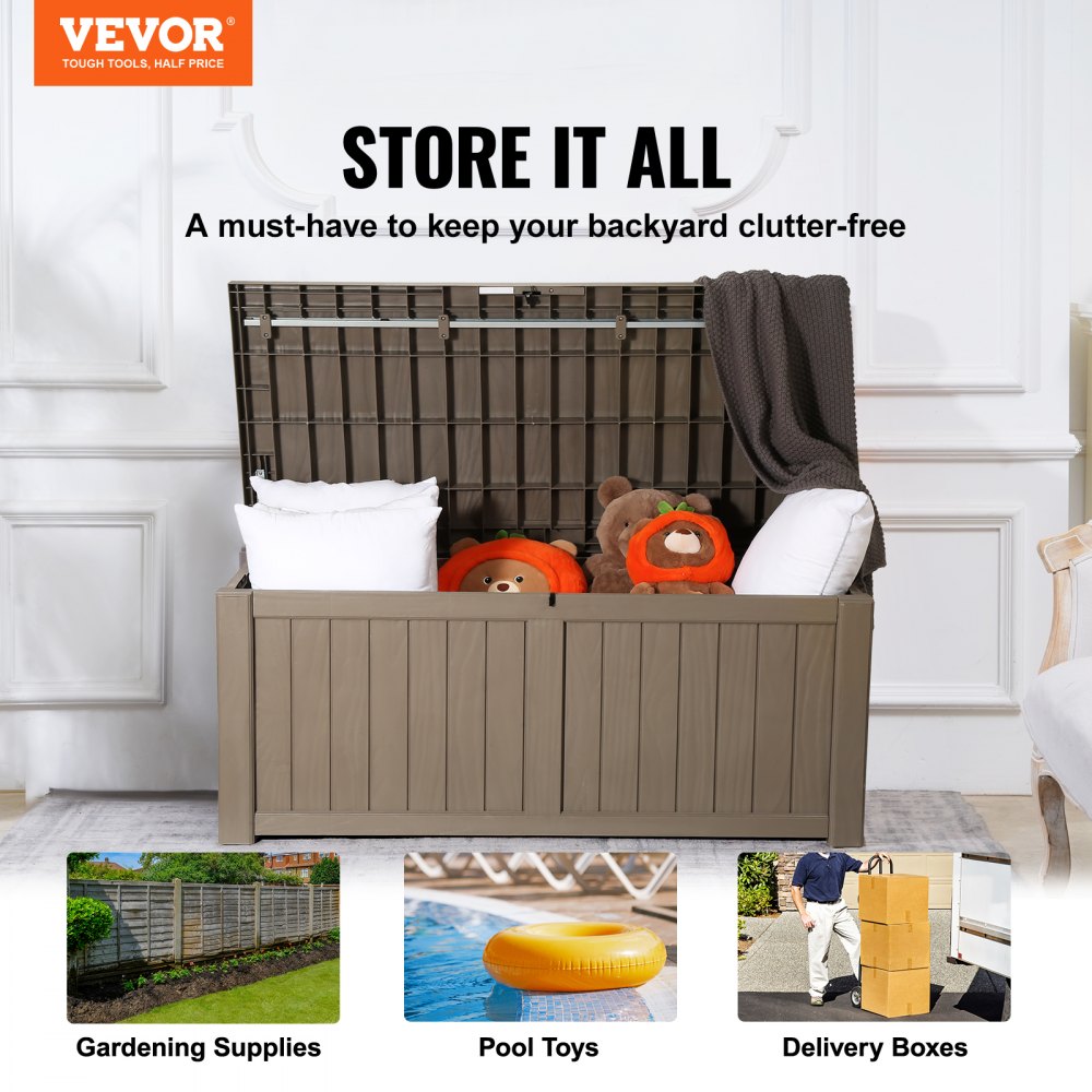 VEVOR Caja de cubierta, 120 galones, 56.3" x 26.6" x 23.8" Caja de almacenamiento para exteriores, Caja de cubierta de PP impermeable con candado de aleación de aluminio, para muebles de patio, herram