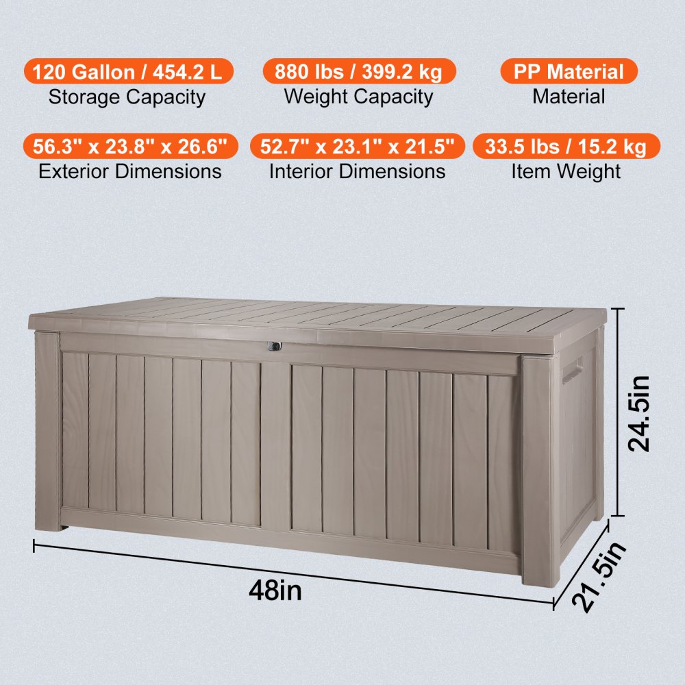 VEVOR Caja de cubierta, 120 galones, 56.3" x 26.6" x 23.8" Caja de almacenamiento para exteriores, Caja de cubierta de PP impermeable con candado de aleación de aluminio, para muebles de patio, herram