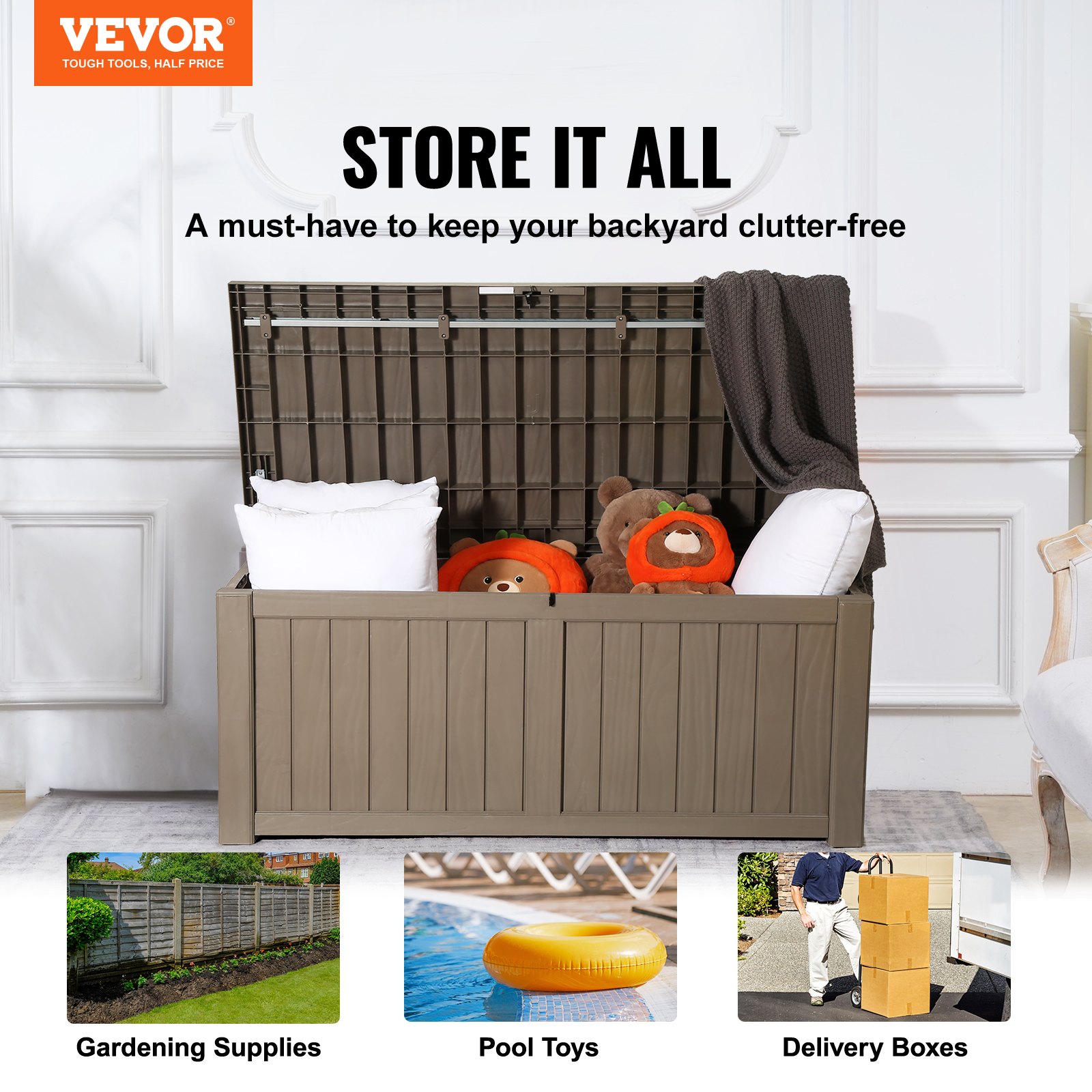 VEVOR Caja de cubierta, 120 galones, 56.3" x 26.6" x 23.8" Caja de almacenamiento para exteriores, Caja de cubierta de PP impermeable con candado de aleación de aluminio, para muebles de patio, herram