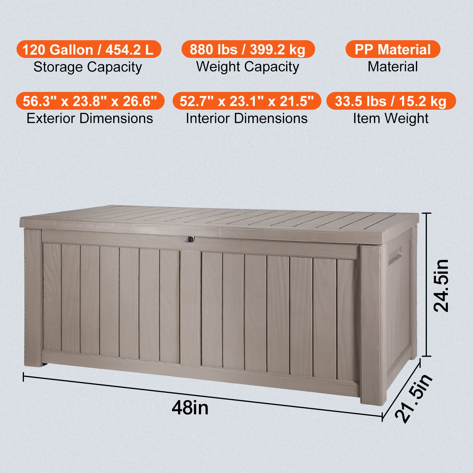 VEVOR Caja de cubierta, 120 galones, 56.3" x 26.6" x 23.8" Caja de almacenamiento para exteriores, Caja de cubierta de PP impermeable con candado de aleación de aluminio, para muebles de patio, herram