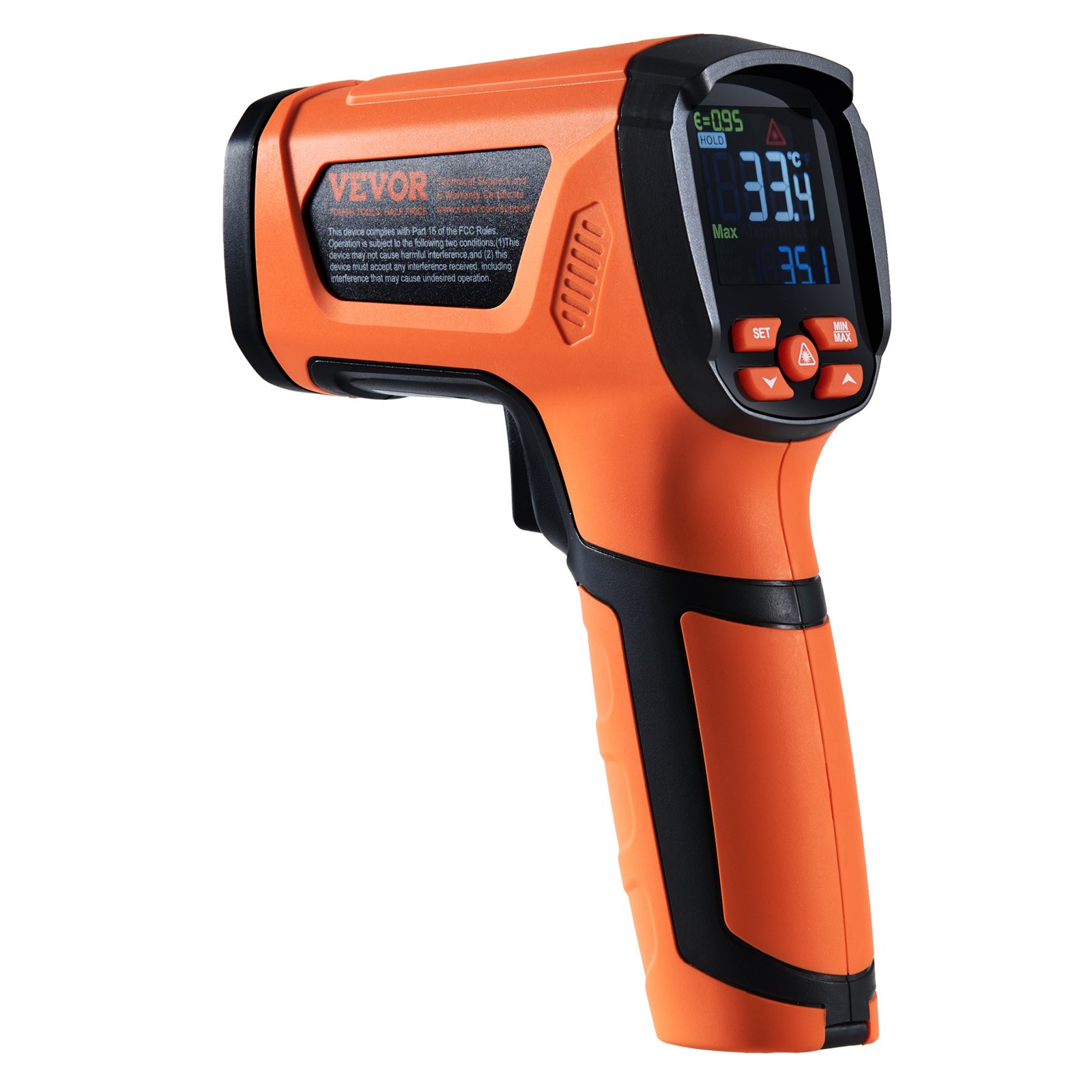 Termómetro infrarrojo VEVOR naranja y negro con pantalla digital que muestra 33,4 °C y botones de control.