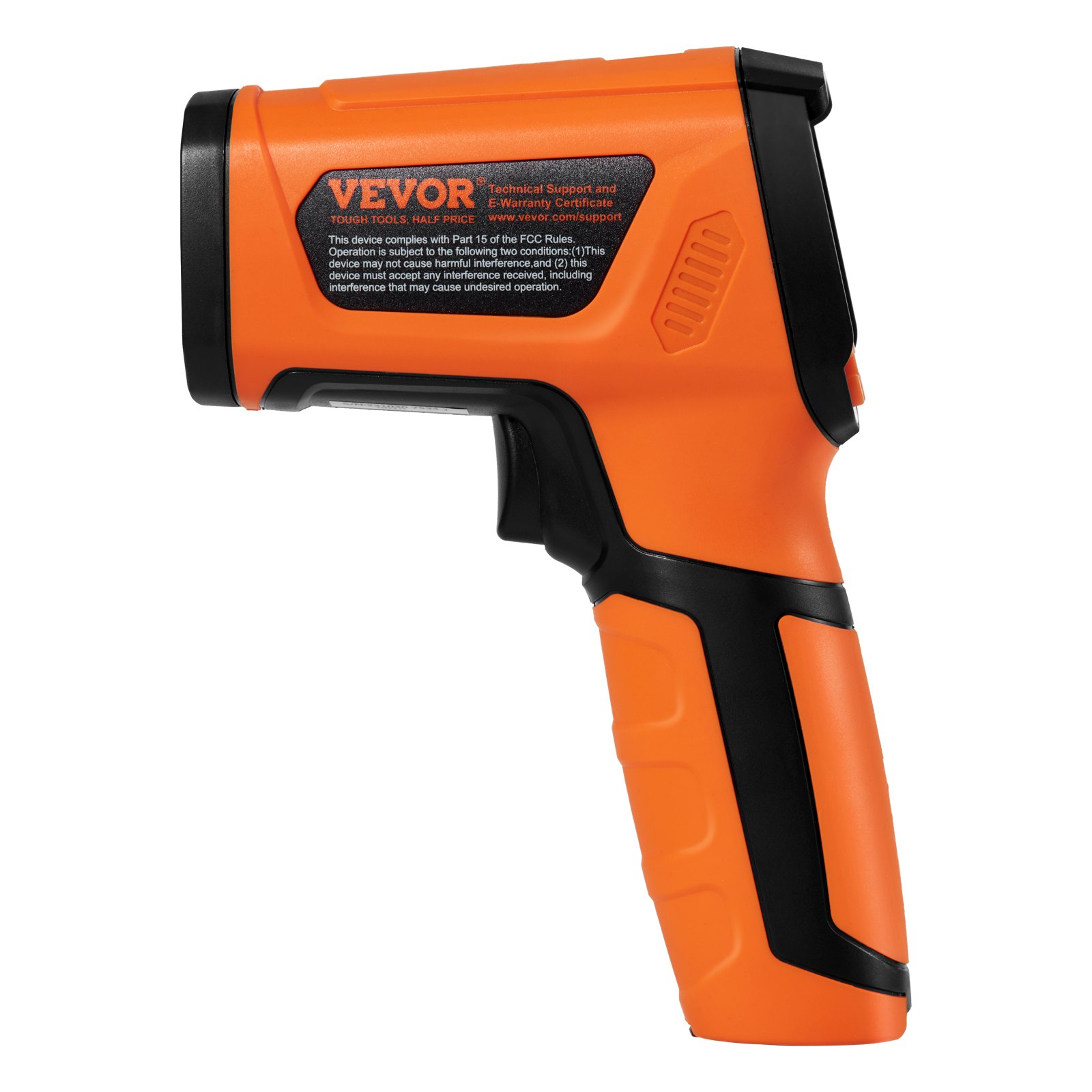 Termómetro infrarrojo VEVOR naranja y negro con mango ergonómico y panel de visualización.